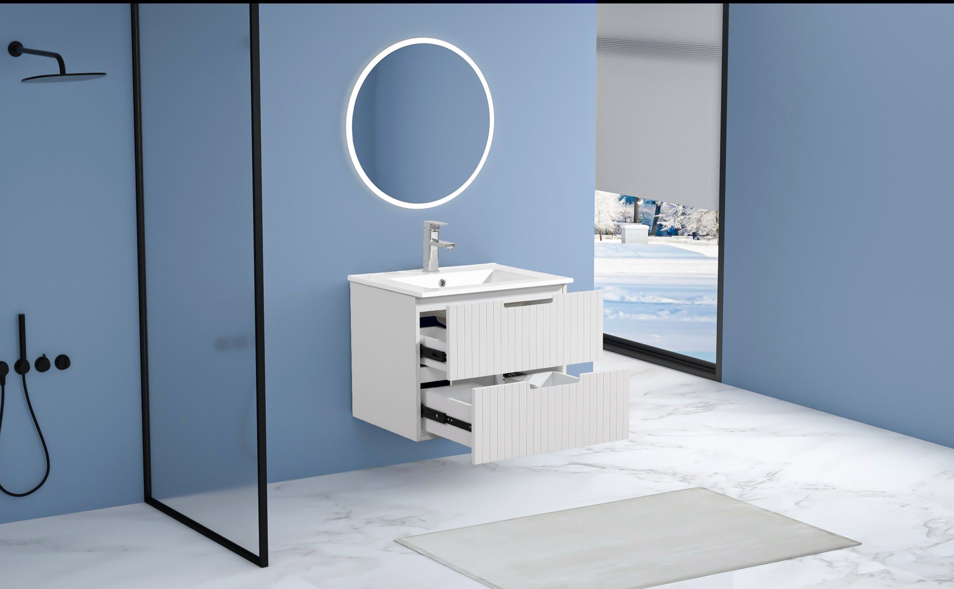 24 Inch Floating Bathroom Vanity with Ceramic Sink, Modern Bath Storage Cabinet Vanity with Drawers Wall Mounted Combo Set for Bathroom, White