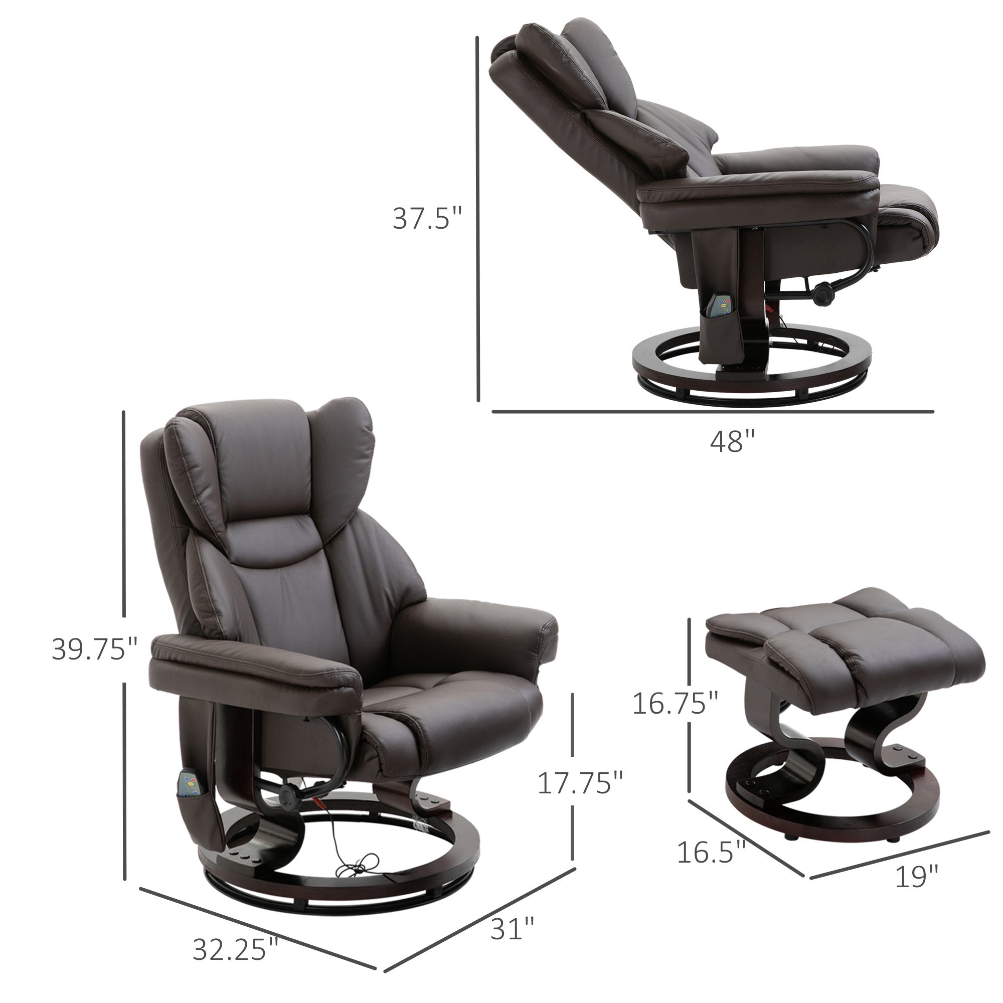 HOMCOM Massage Recliner Chair with Ottoman Footrest, 10 Vibration Points, 360° Swivel Reclining Chair, Faux Leather Living Room Chair with Side Pocket and Remote Control, Brown