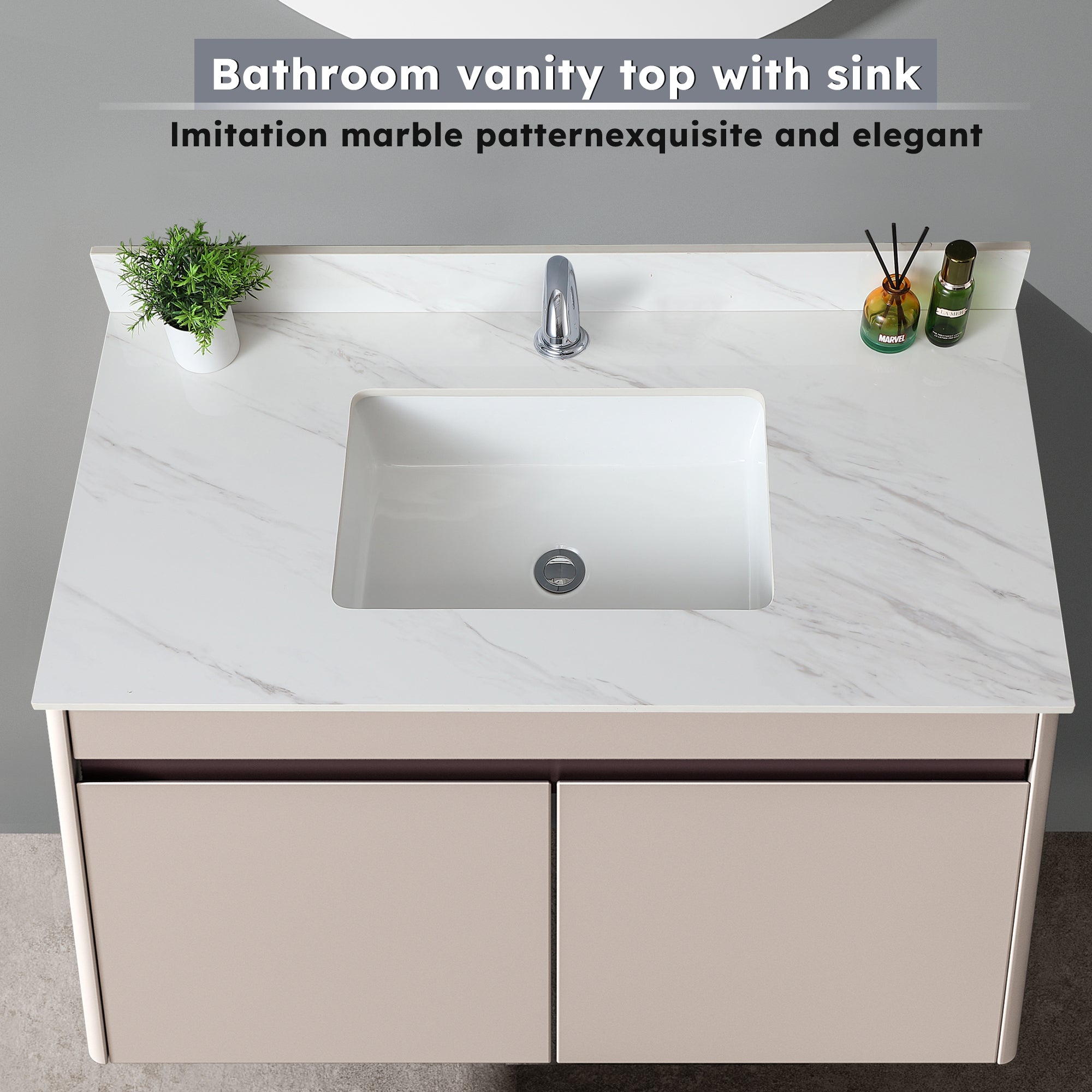 43 Inch Marble Vanity Top, White Vanity Top with Pre-drilled Faucet Holes, Bathroom Vanity Top with Undermount Rectangular Middle Sink and 4" Height Backsplash,  Bianco Carrara Venato