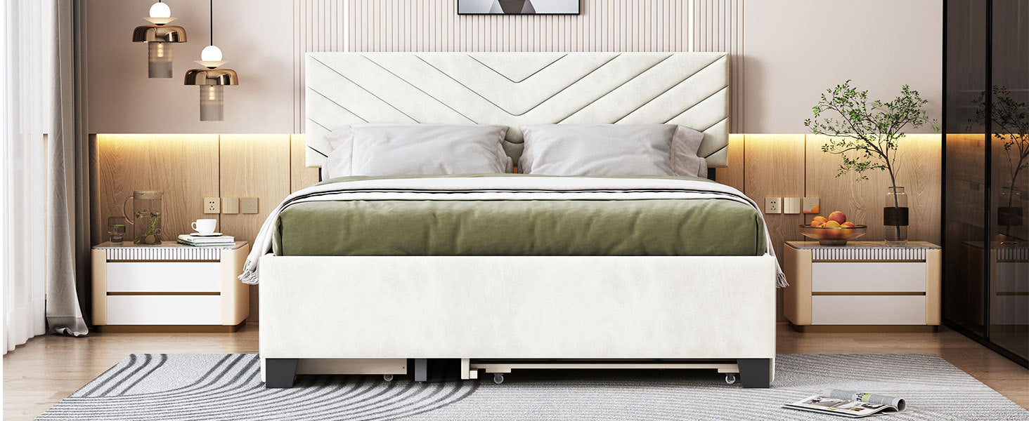 Queen Size Upholstered Platform Bed with Twill Headboard, Pullout Bed and Two Drawers, Flannel, Beige