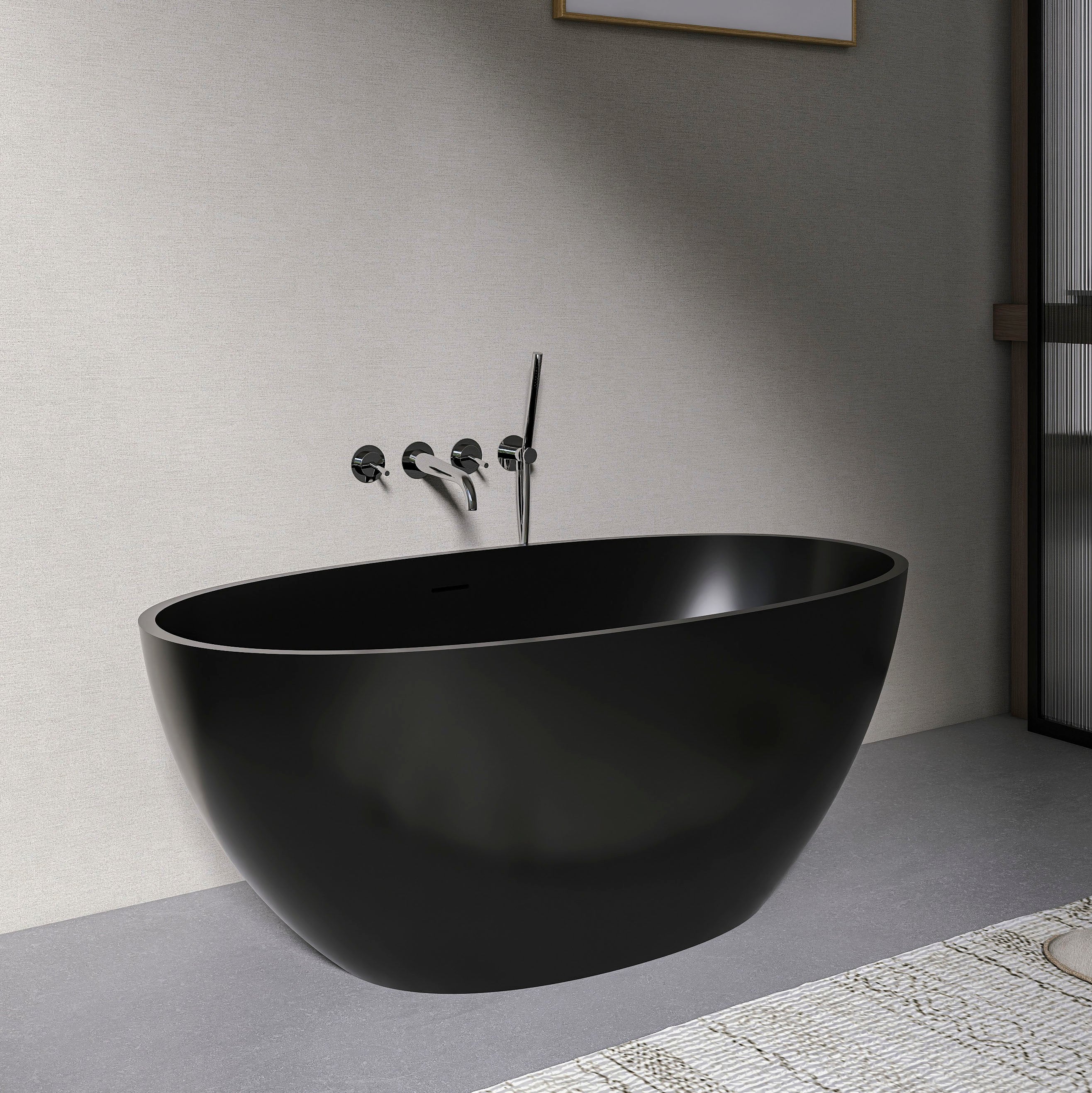 55-inch solid surface freestanding soaking bathtub, angled side view