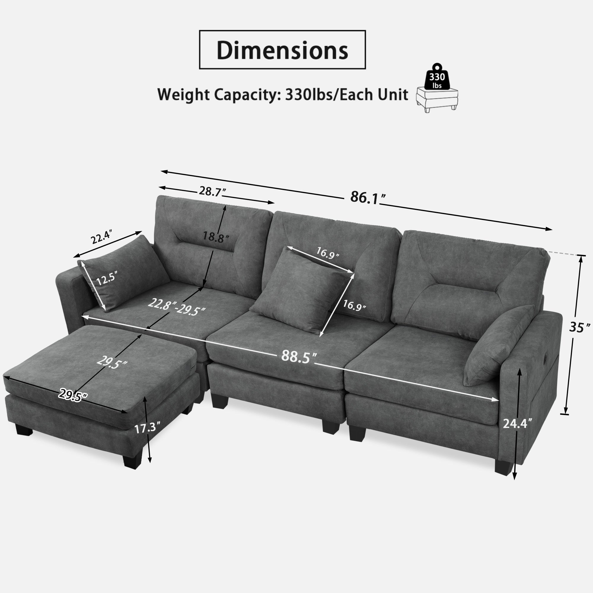 Oversized 86.1'' L Shaped Modular Sectional Couches with USB Ports, Ottoman, Lumbar Pillows