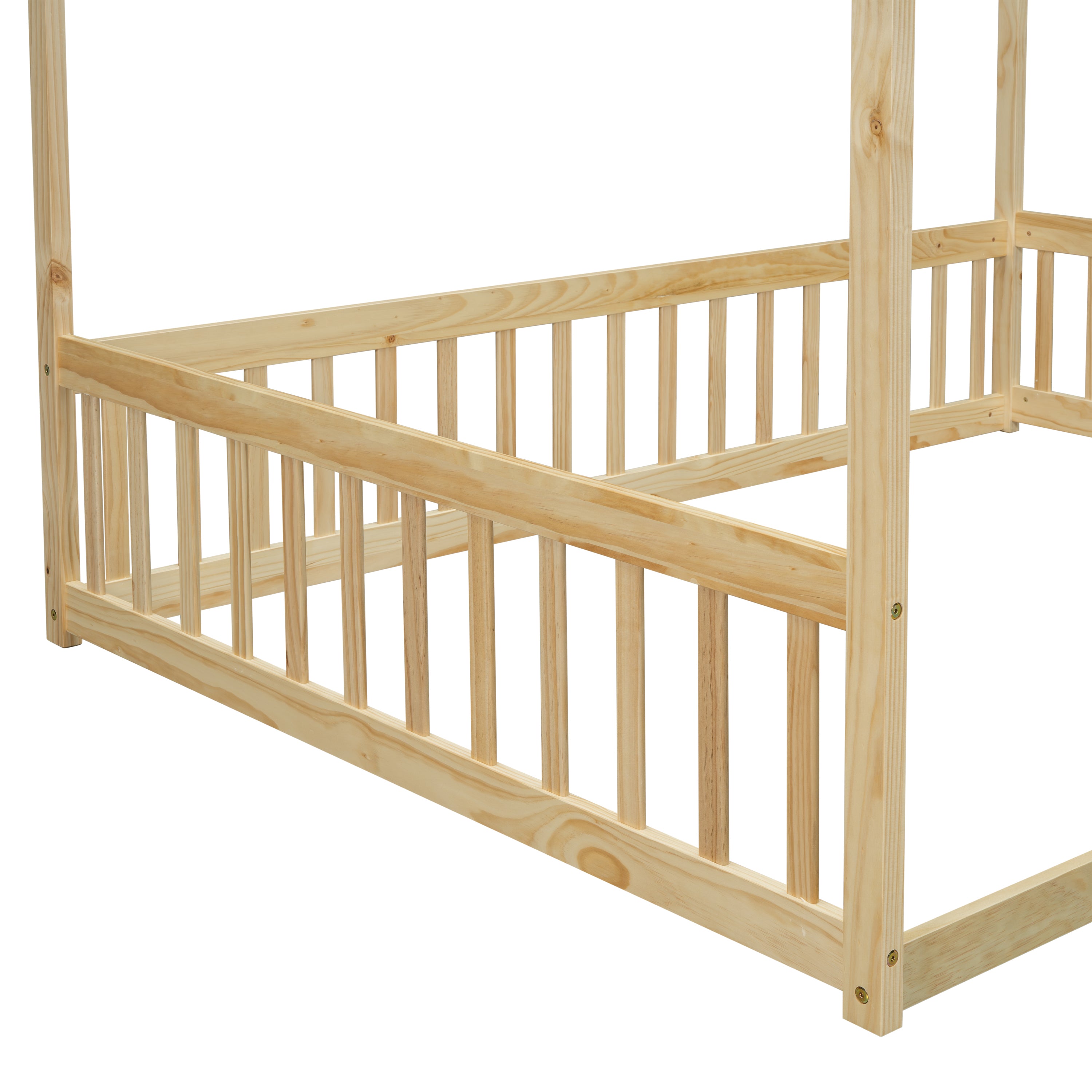 Full Size Canopy Frame Floor Bed with Fence, Guardrails,Natural