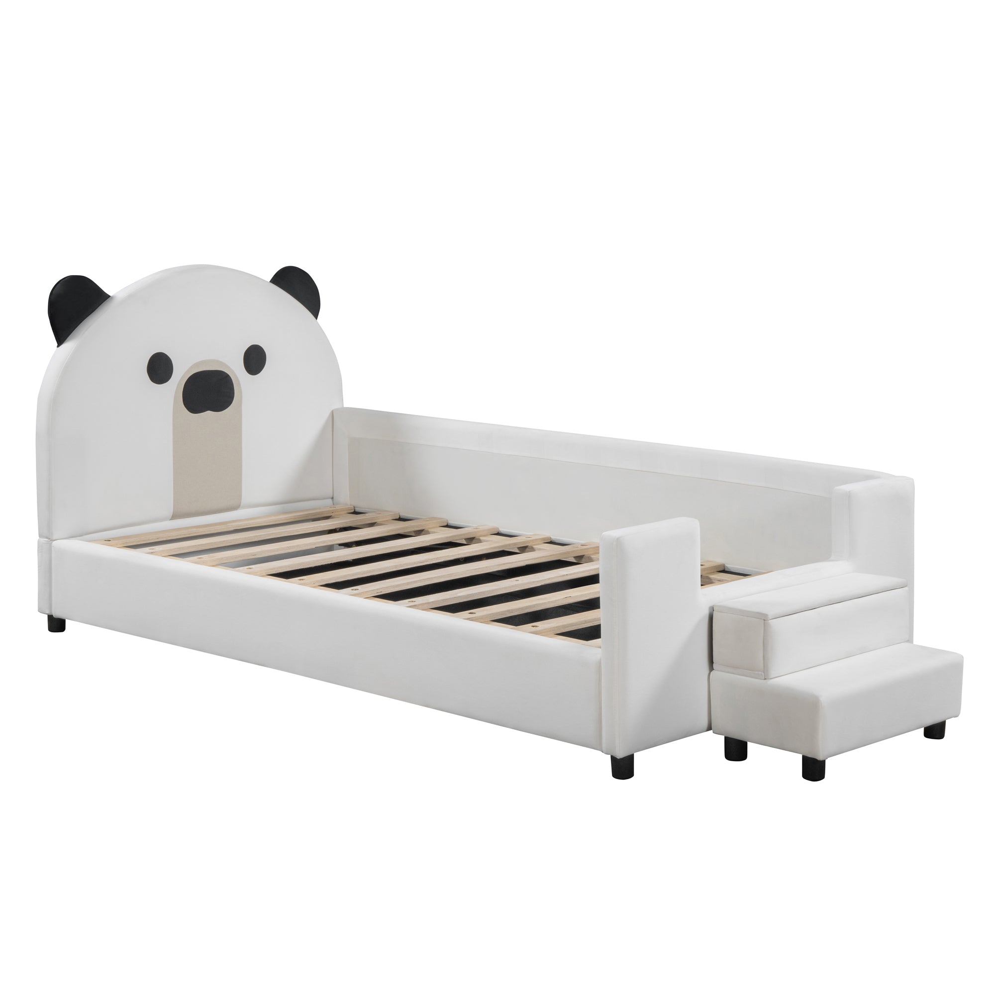 Twin Size Upholstered Daybed with Bear Shaped Headboard, Hydraulic System and Breathable Mesh Fence, White