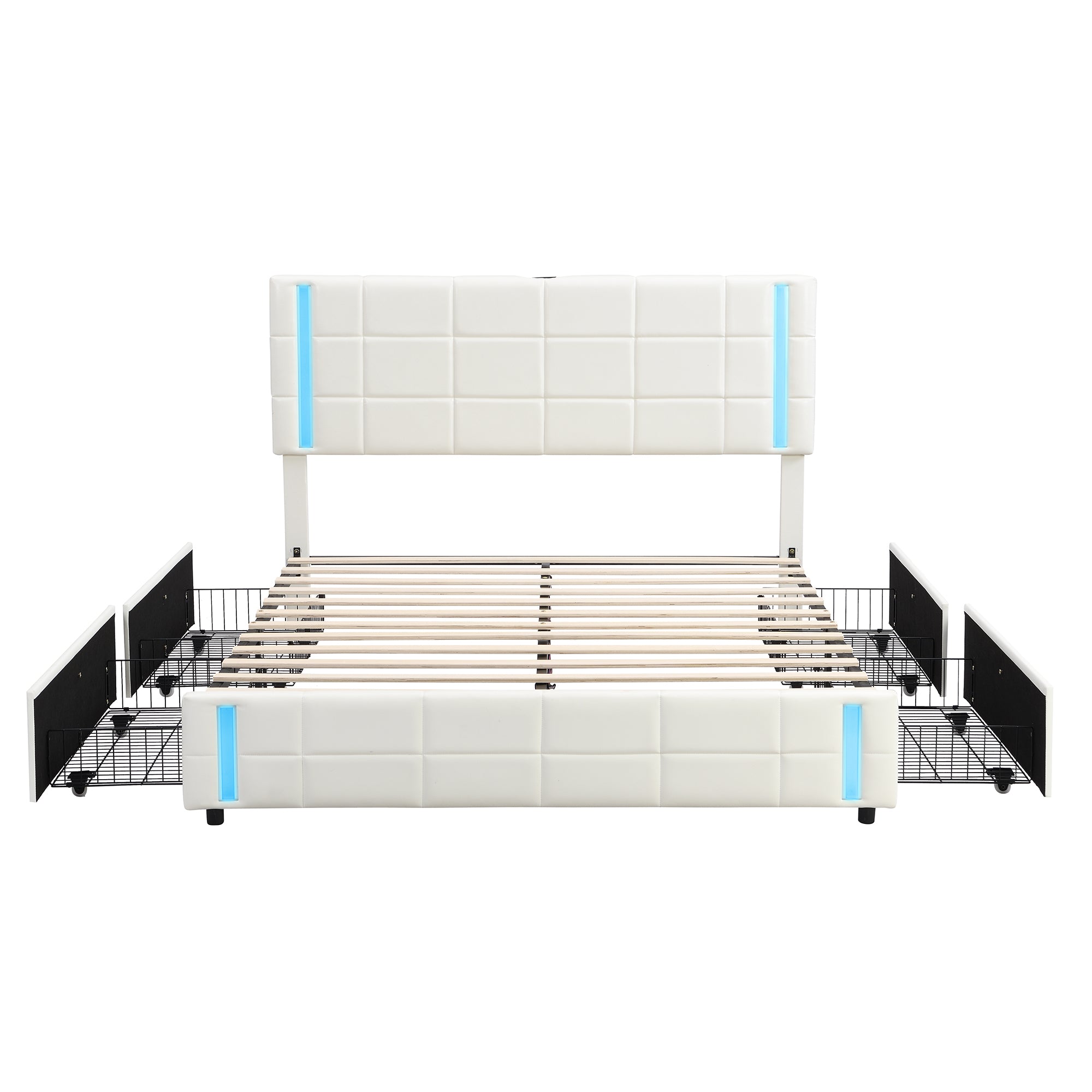 Queen Size Upholstered Platform Bed with LED Lights and USB Charging, Storage Bed with 4 Drawers, White