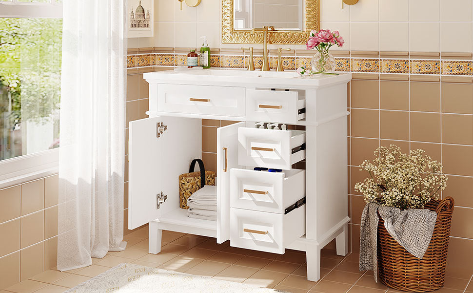 36-inch Bathroom Vanity with Resin Sink, Modern Bathroom Cabinet in White,Featuring Two Soft Close Doors and Four Drawers