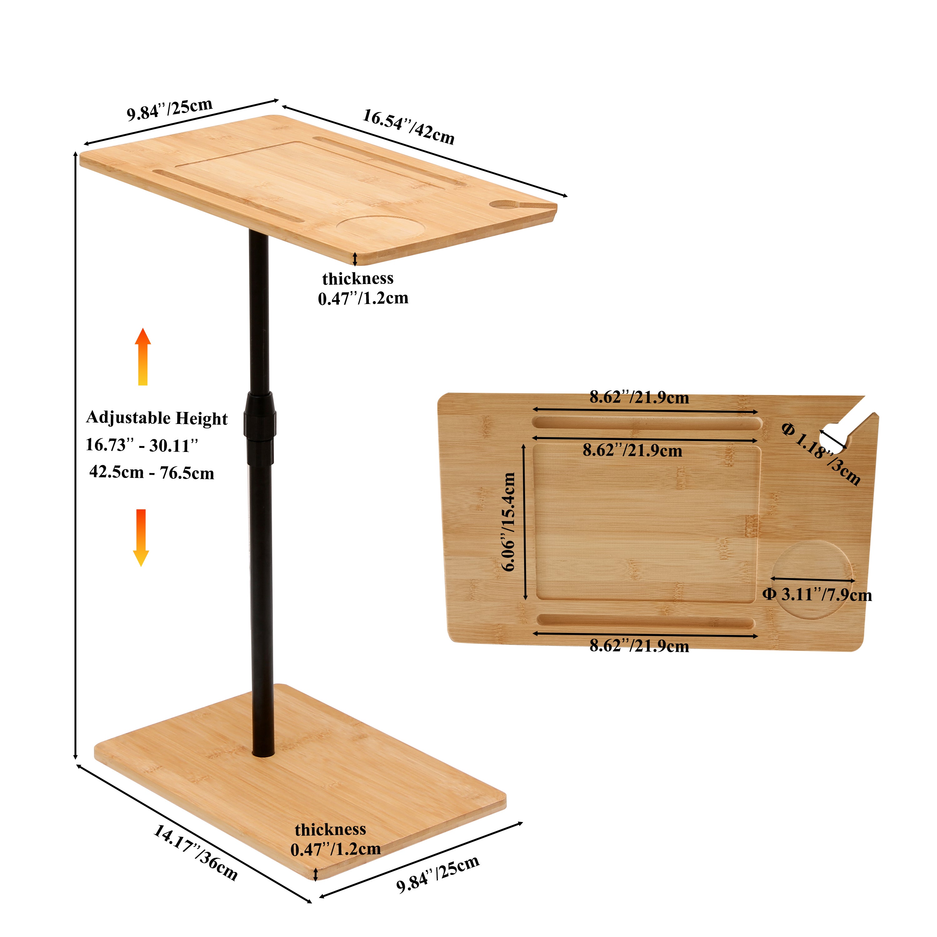 Bamboo Couch Tray Table Height Adjustable C-Shaped End Table with Slots 2 Tier Sofa Side Table for Living Room & Bedroom (Rectangle + Rectangle)