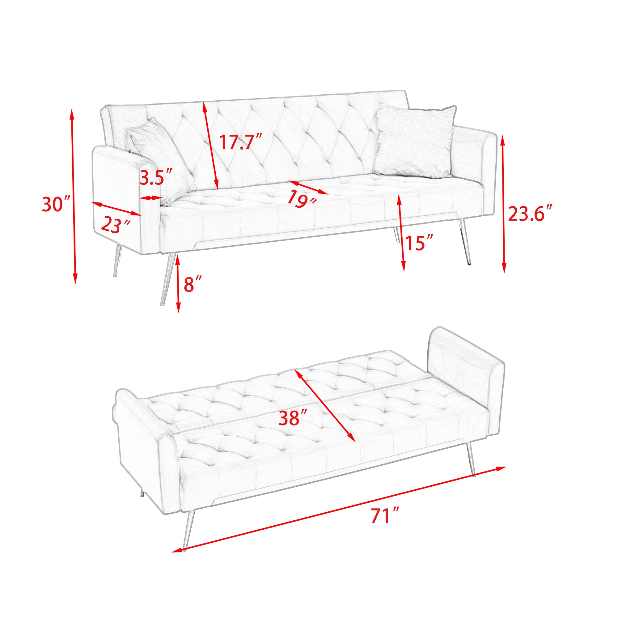 71 inch convertible love seat sofa, American retro, light blue velvet, suitable for small living room, bedroom, office