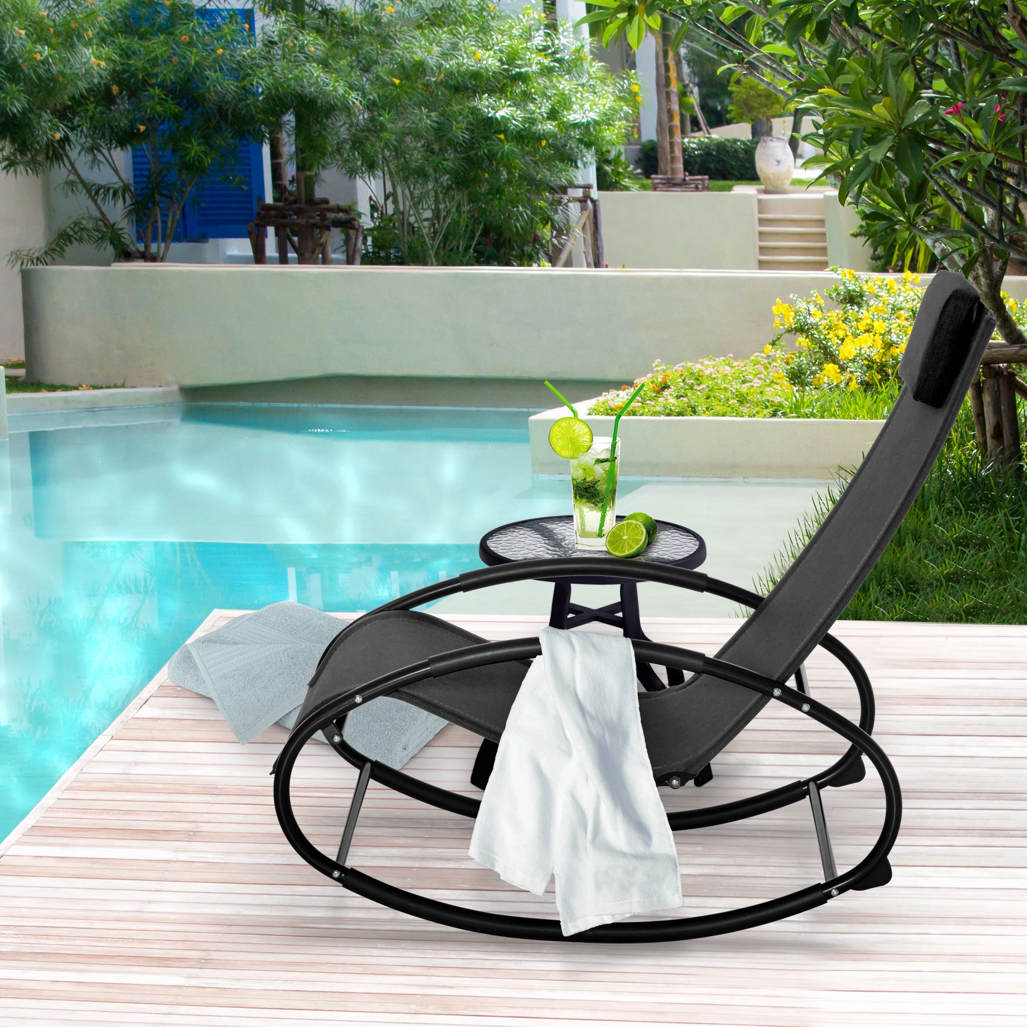 Outsunny Pool Lounger, Outdoor Rocking Lounge Chair for Sunbathing, Pool, Beach, Porch with Pillow & Cool Mesh, Sun Tanning Rocker, Black