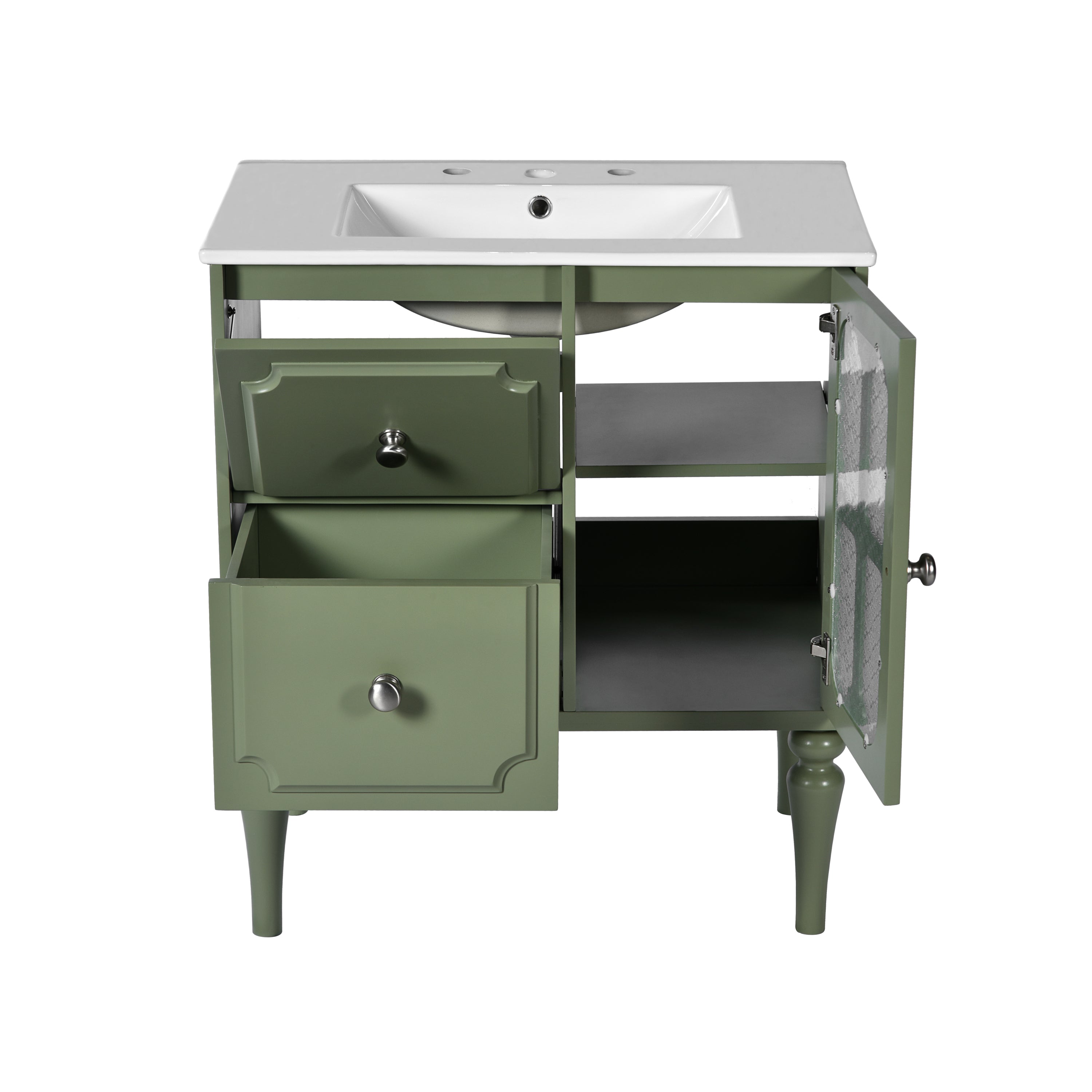 Retro Style 30'' Bathroom Vanity with Ceramic Sink Combo, Freestanding Single Vanity with 2 Drawers, Solid Wood Frame Bathroom Storage Cabinet, Green