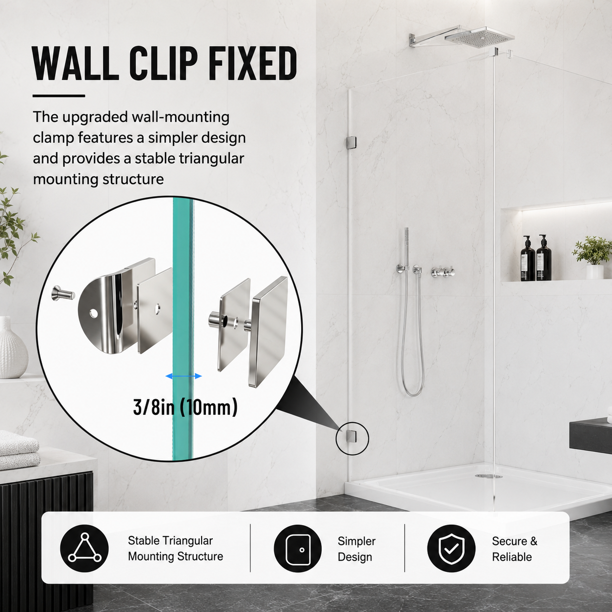 36 x 76 in Frameless Fixed Shower Glass Panel - Wall Clamp Chrome view 5