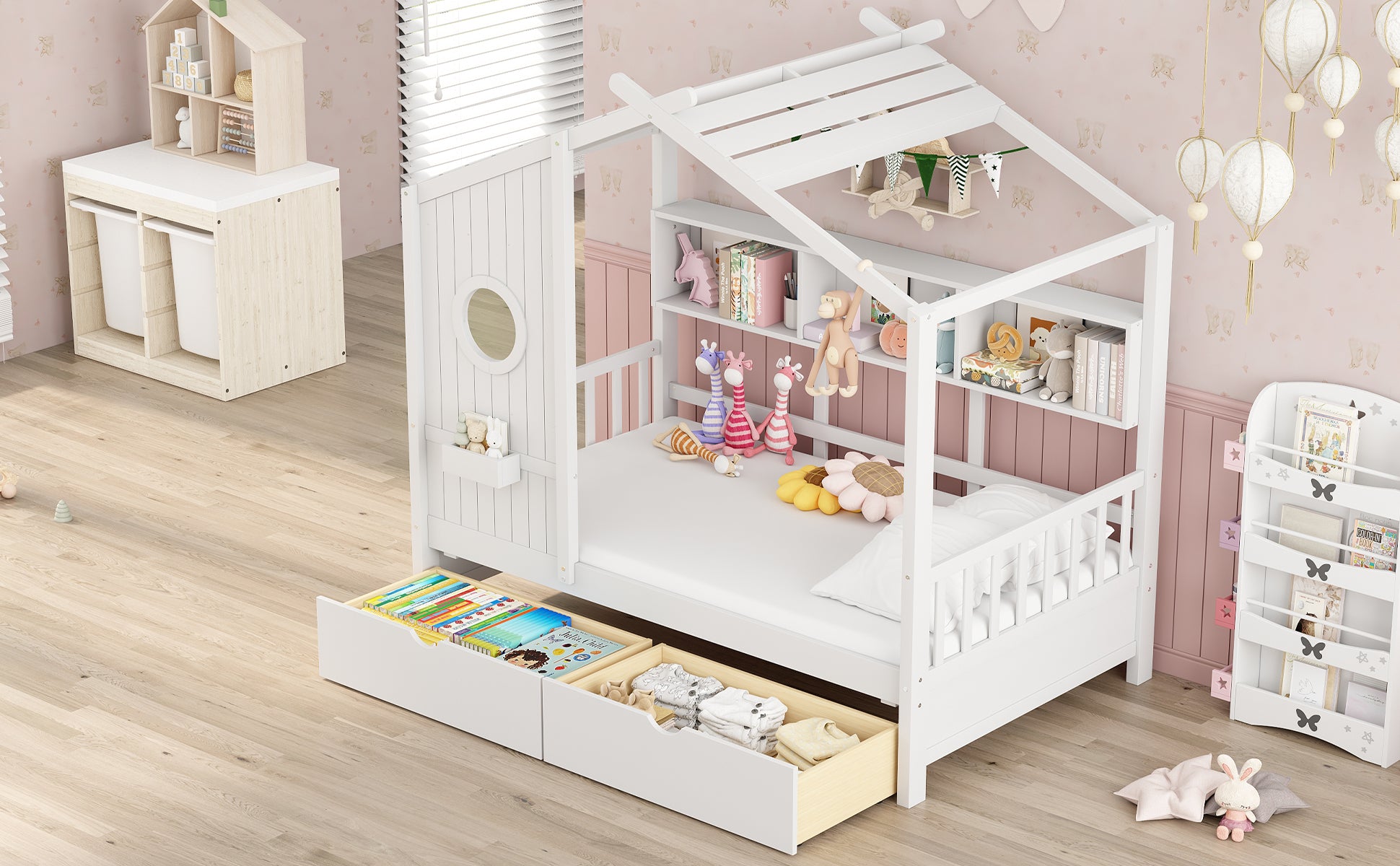 Wooden Twin Size House Bed with 2 Drawers,Kids Bed with Storage Shelf, White