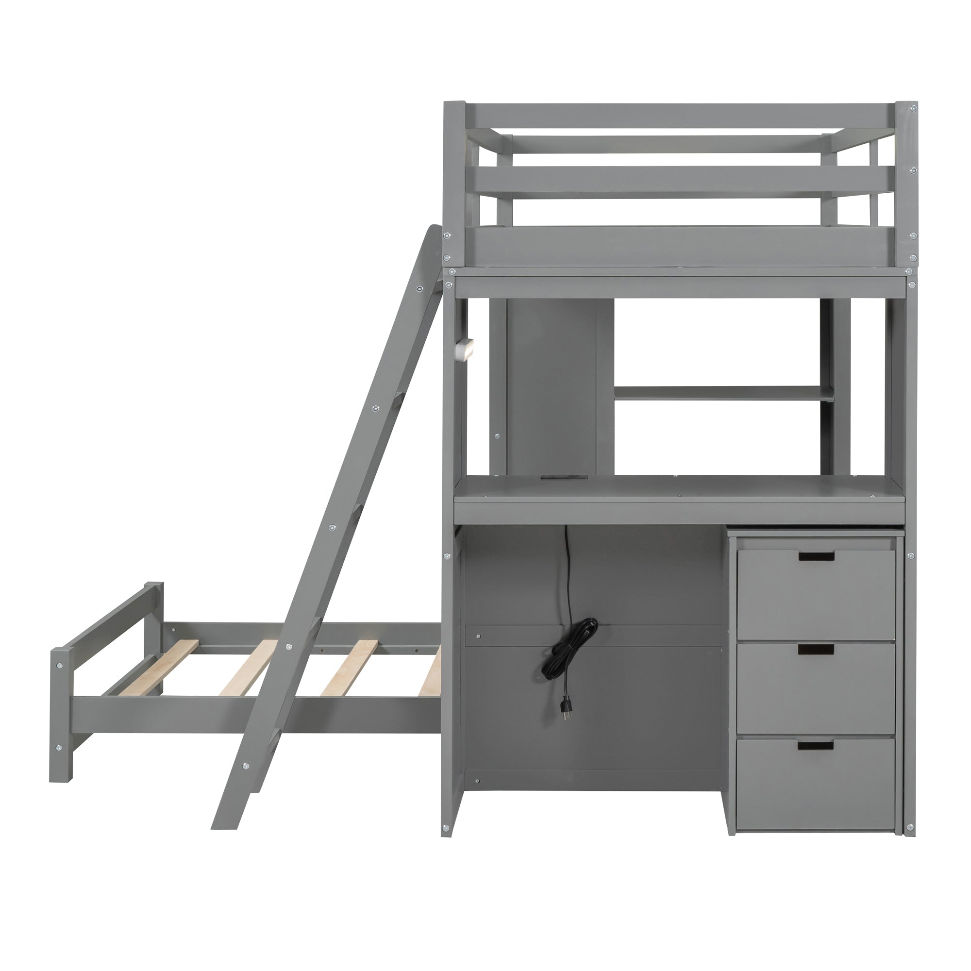 Twin over Twin Bunk Bed with LED Light and USB Ports, Gray