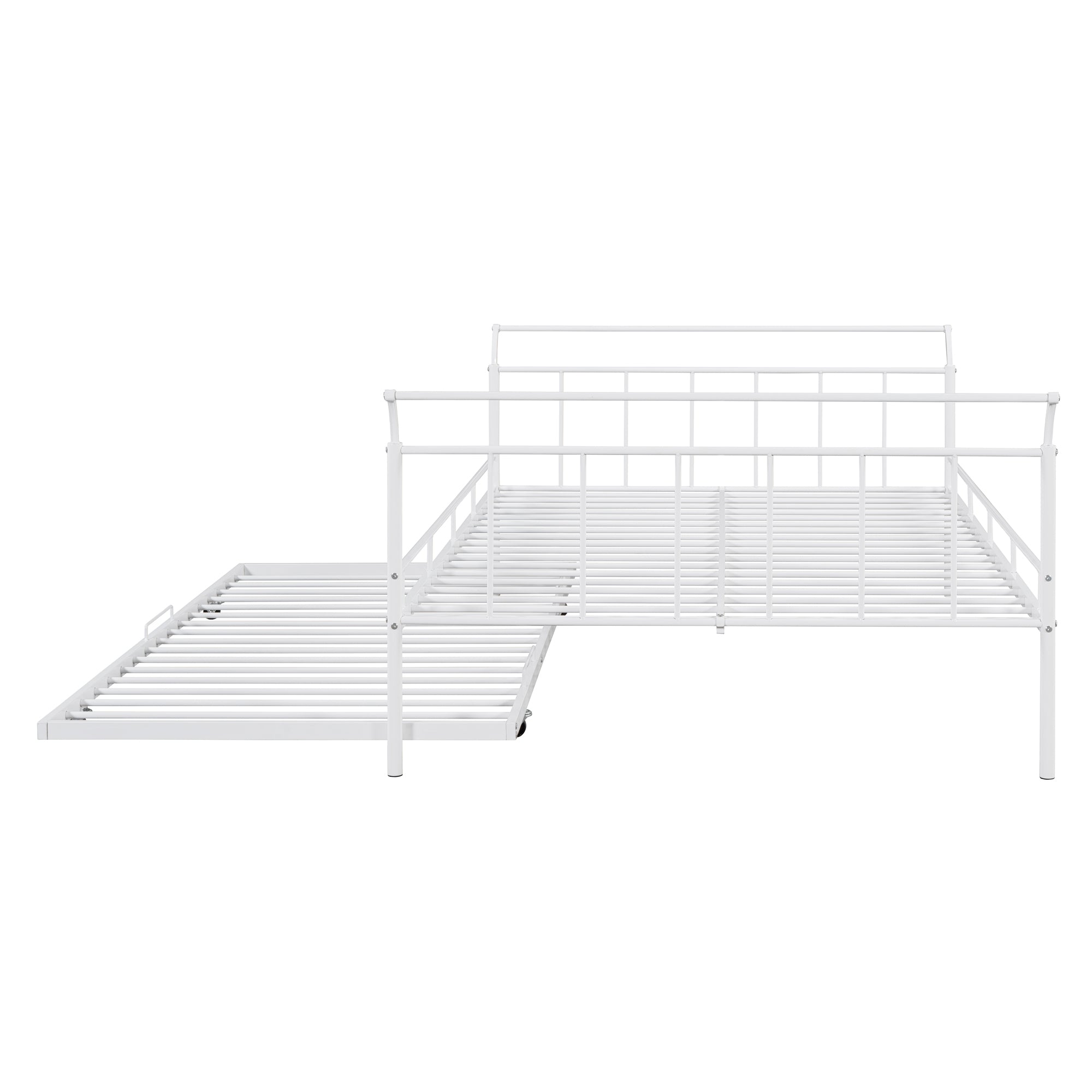 Full Size Metal Daybed with Curved Handle Design and Twin Size Trundle, White