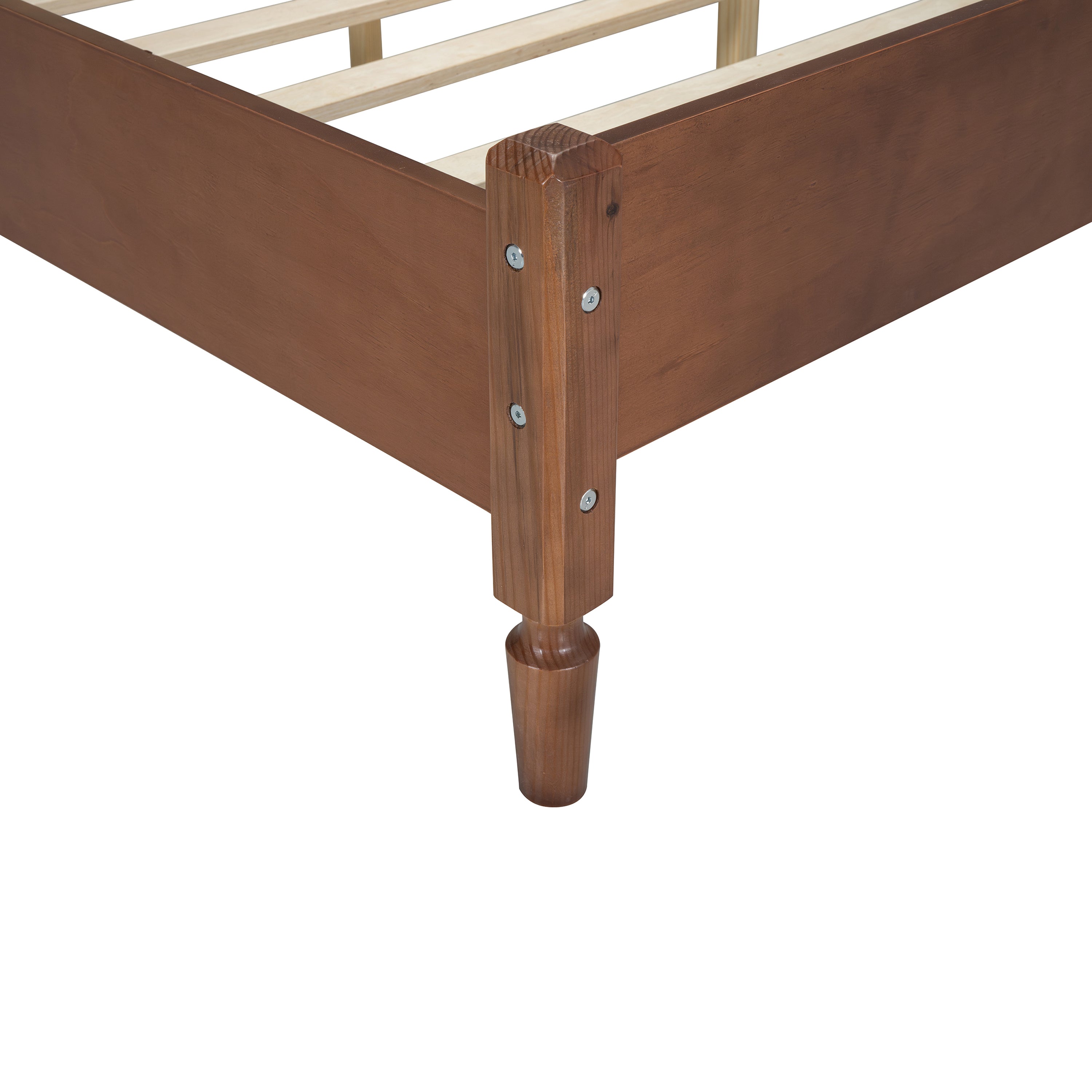 Full Size Wooden Platform Bed with Natural Rattan Headboard, Vintage Bed Frame with Wooden Slat Support, Walnut