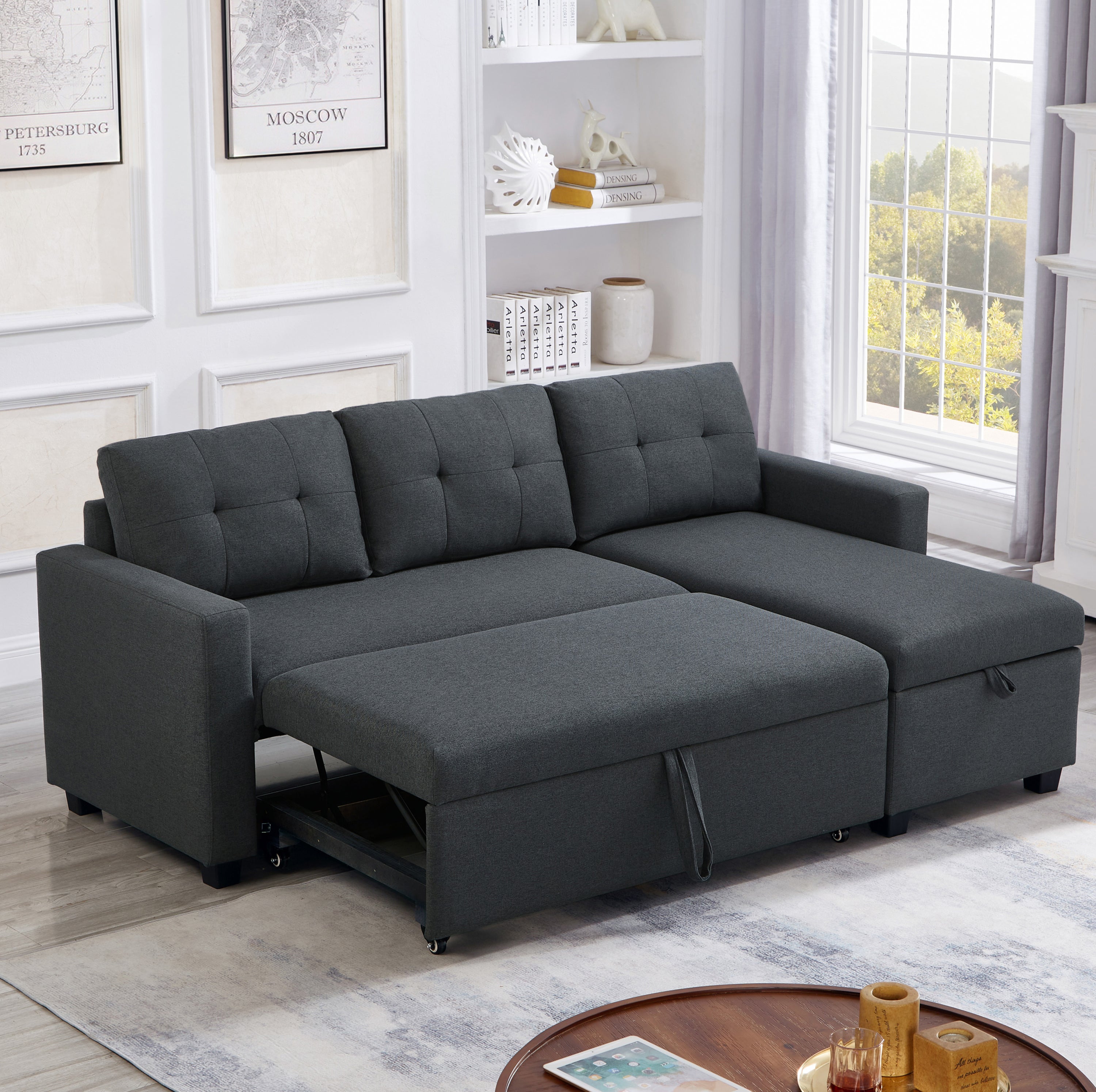 Upholstered Pull Out Sectional Sofa with Storage Chaise, Convertible Corner Couch, Dark Grey