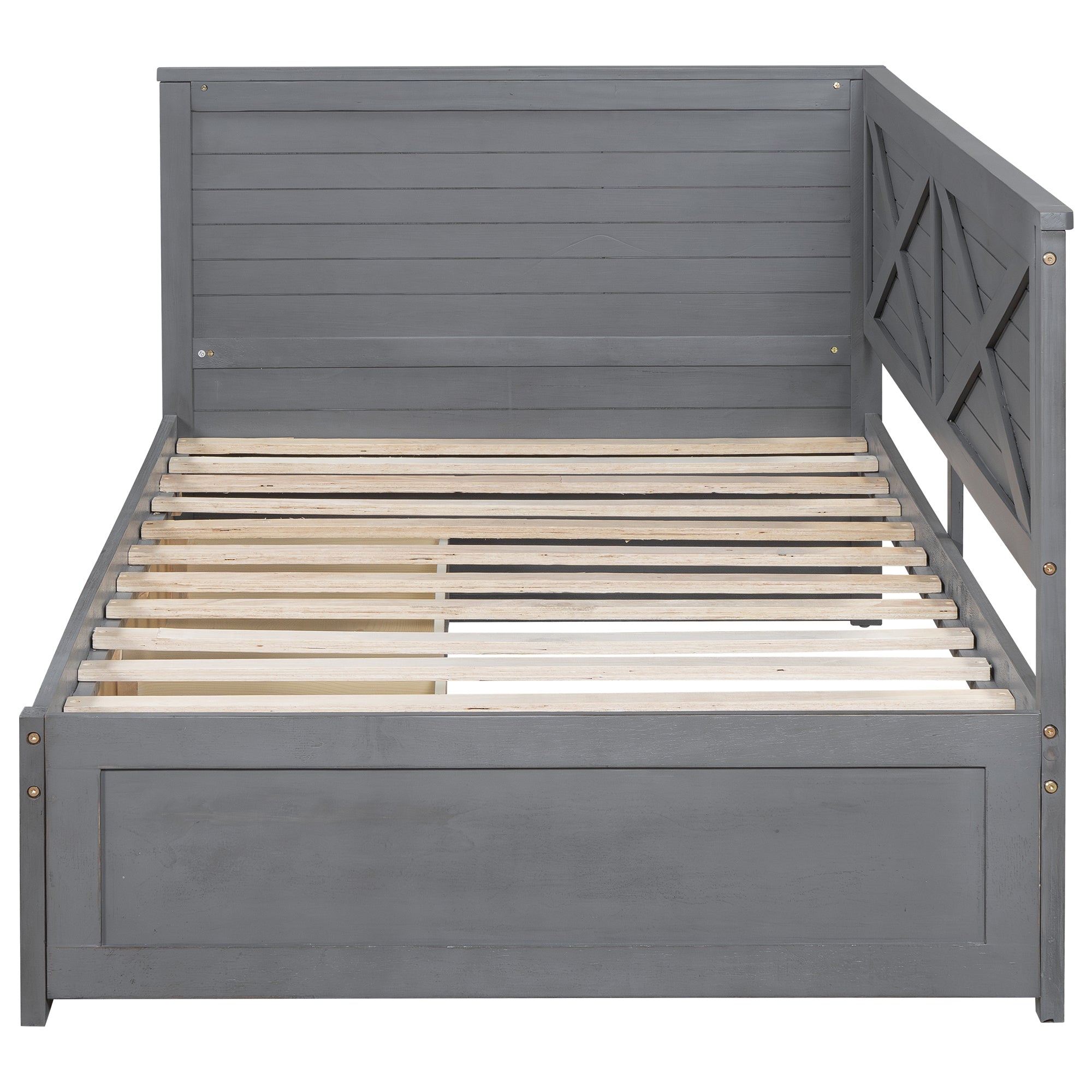 Twin Size Wood Daybed with 2 Drawers and Rustic Guardrail, Ancient Grey