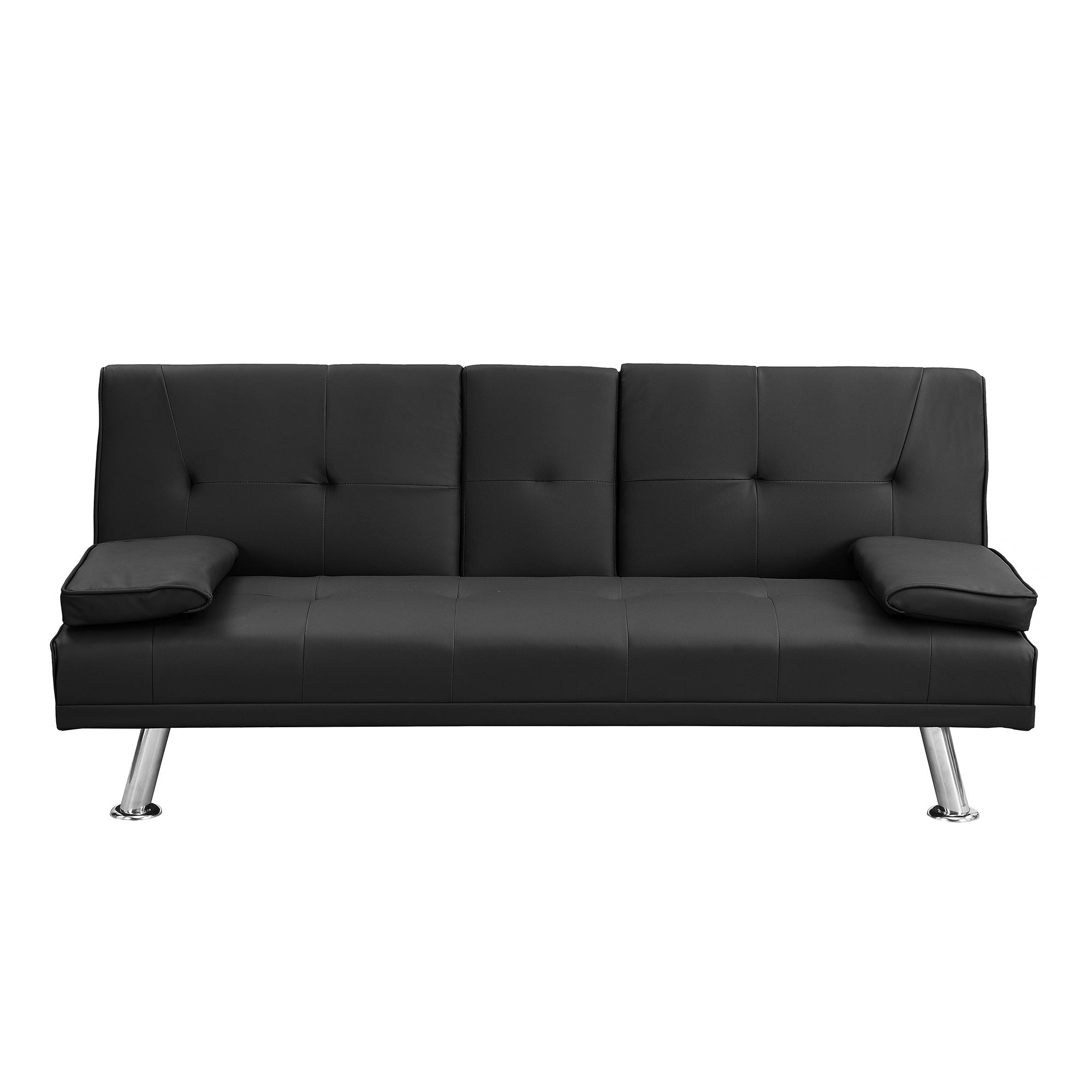 Sofa Bed with Armrest two holders WOOD FRAME, STAINLESS LEG, FUTON BLACK PVC