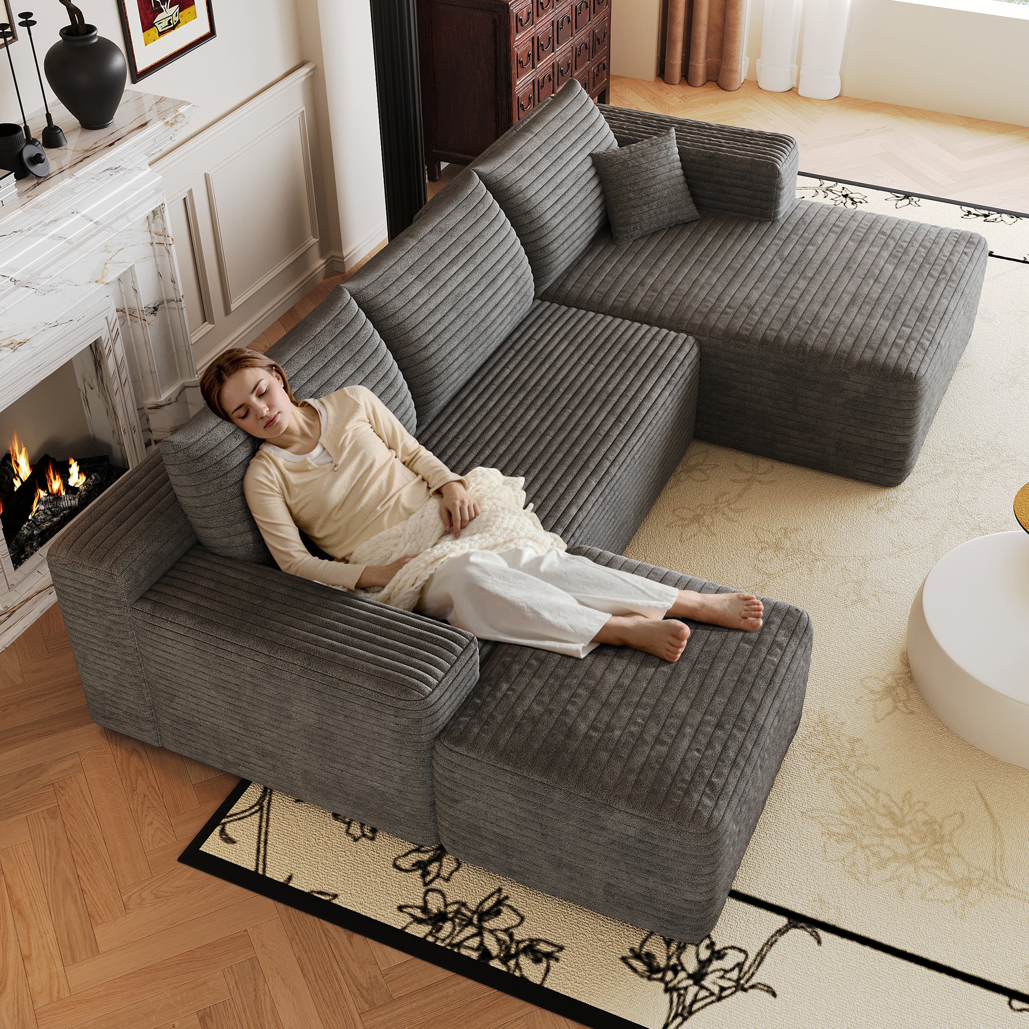 103-inch L-shaped deep-seat sectional sofa in dark grey, side view
