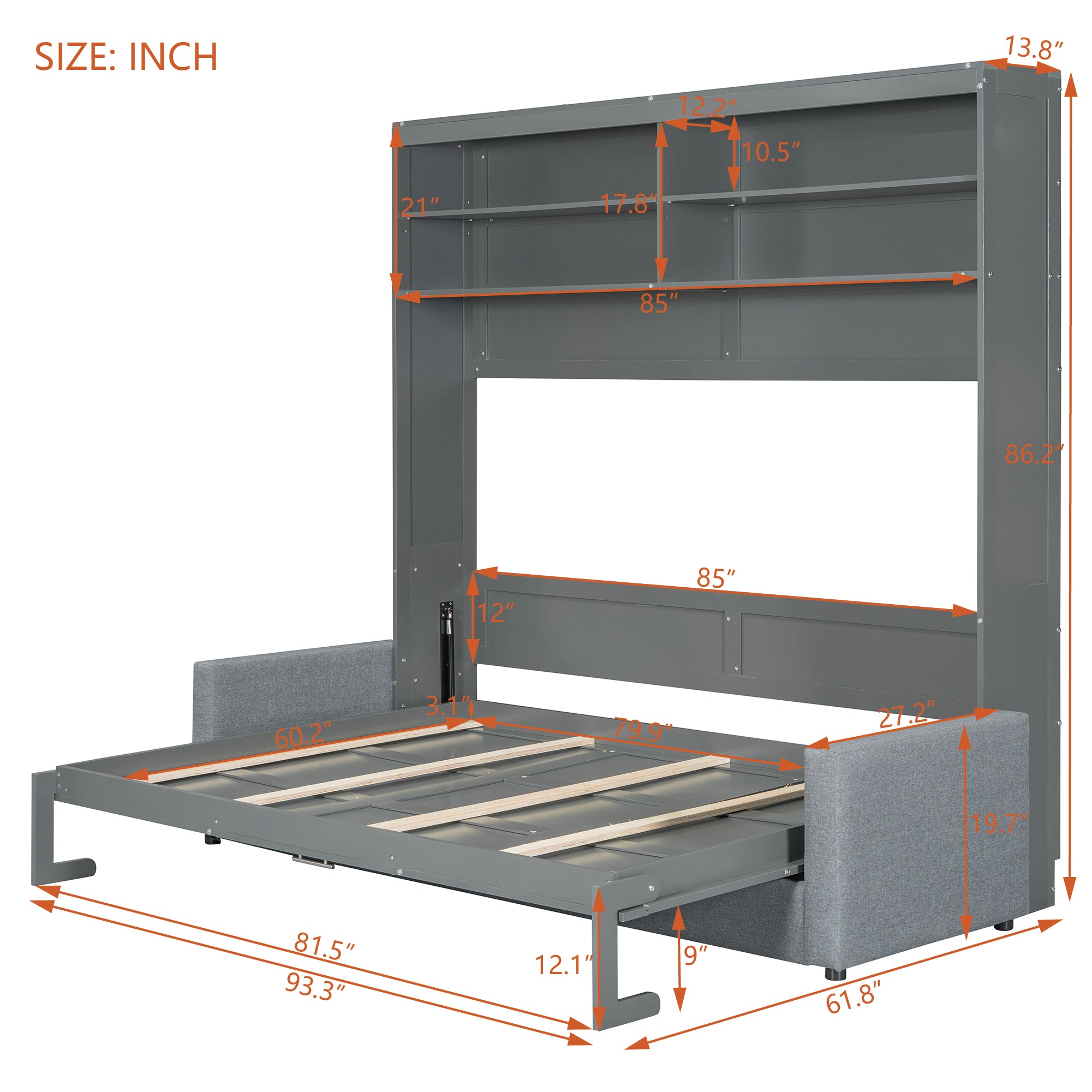 Queen Size Murphy Bed Wall Bed with Sofa,Gray