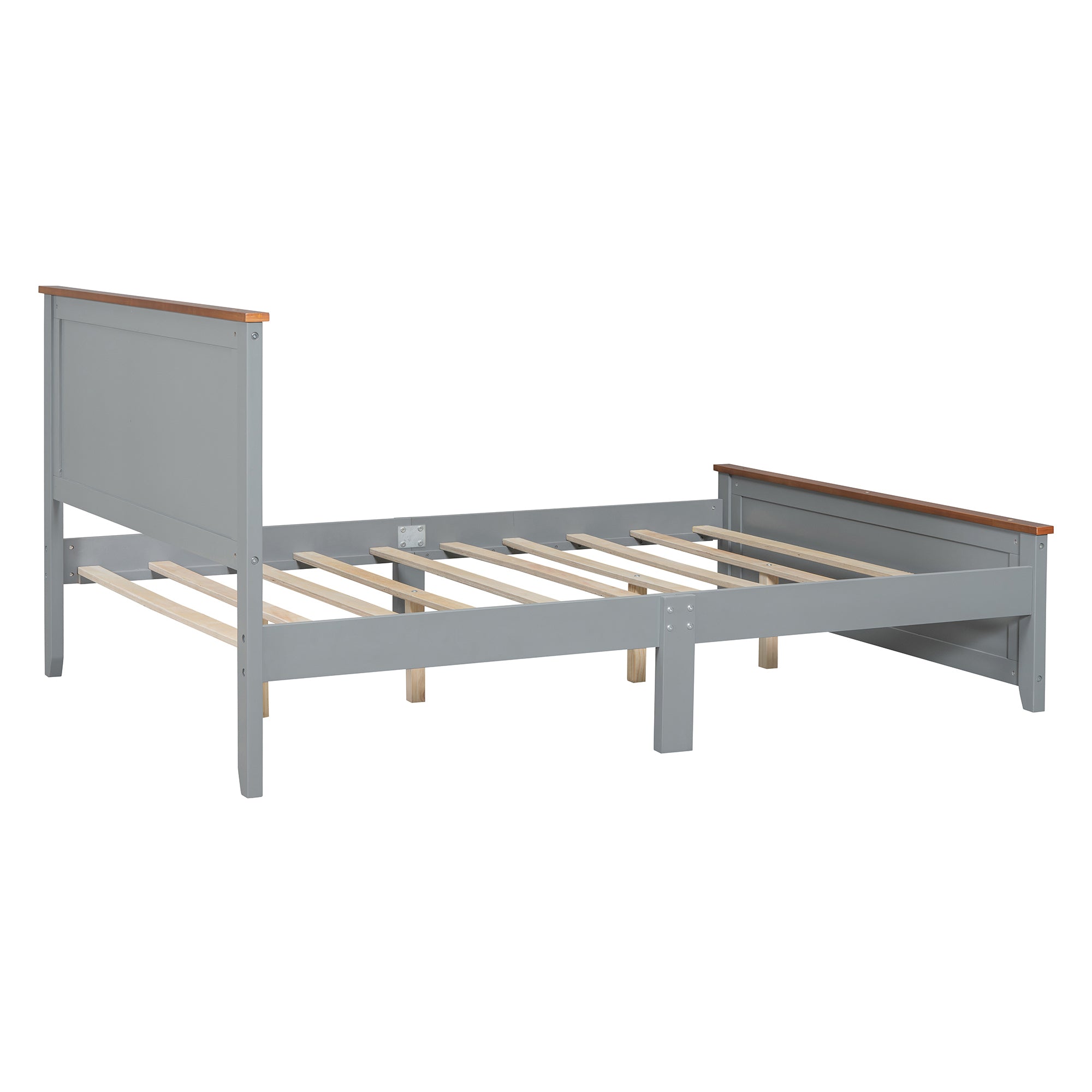 Full Size Wood Platform Bed Wooden Slat Support, Vintage Simple Bed Frame with Rectangular Headboard and Footboard, Grey