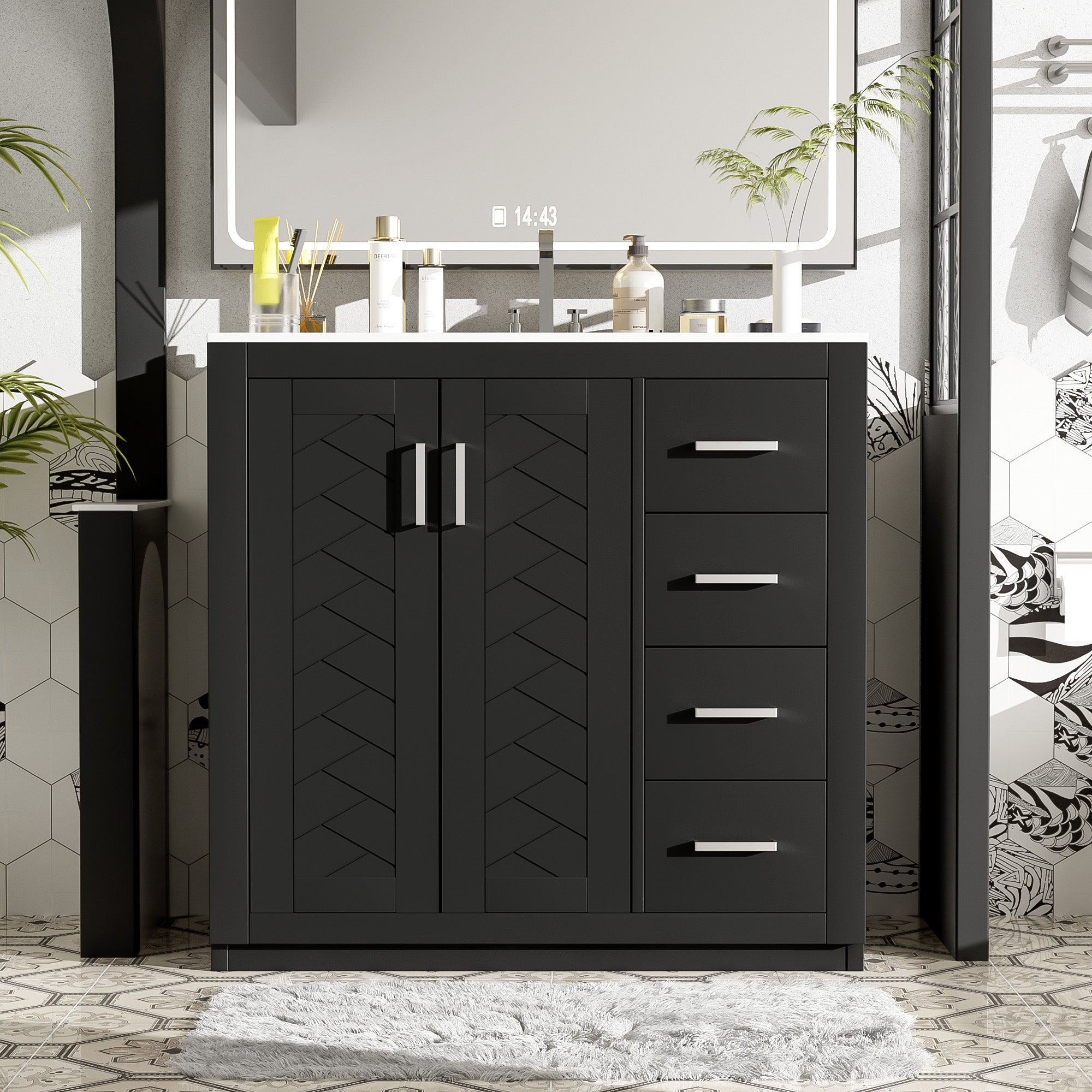 36 inch freestanding bathroom vanity with ceramic sink combo, solid wood frame, front view