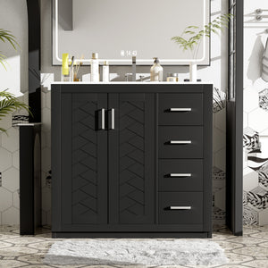 36 inch freestanding bathroom vanity with ceramic sink combo, solid wood frame, front view