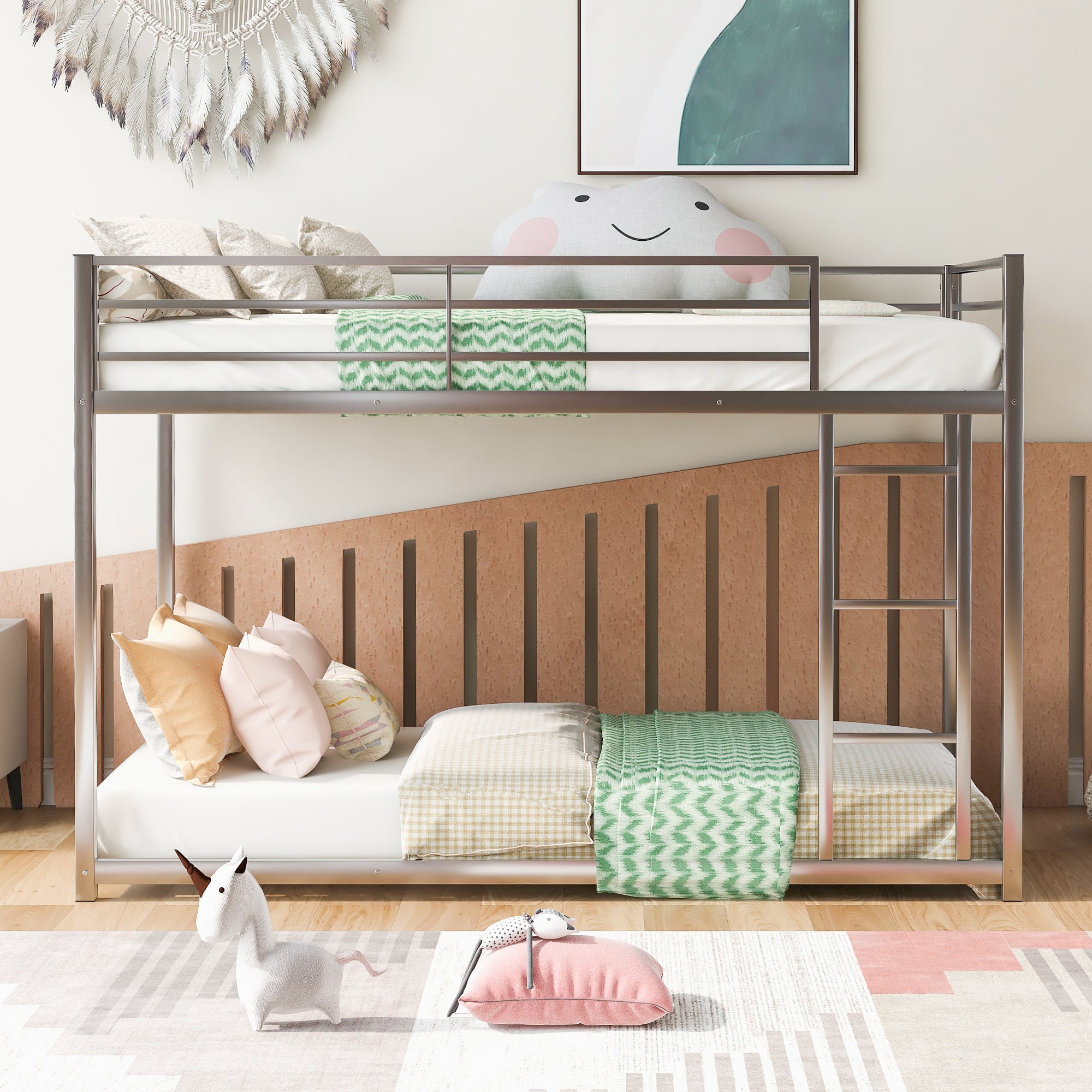 Twin over Twin Metal Bunk Bed, Low Bunk Bed with Ladder,Silver(OLD SKU:WF282465AAN)