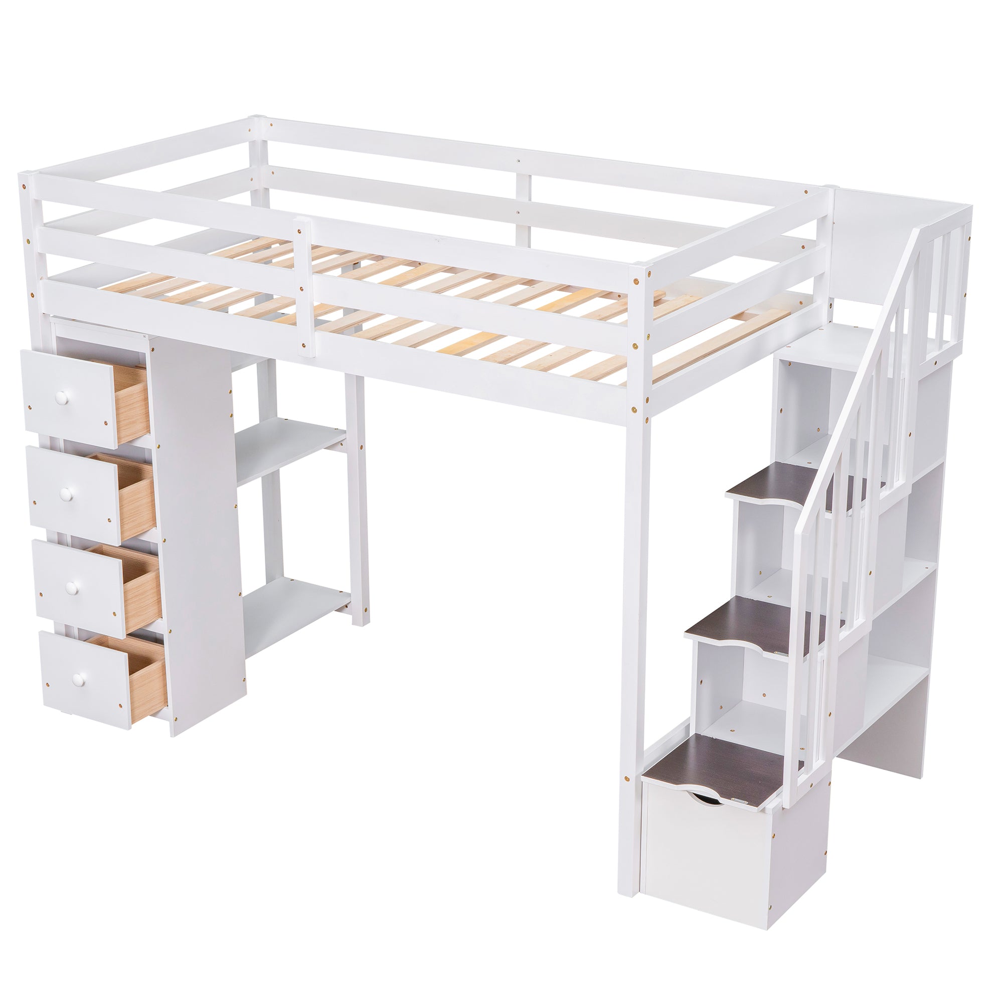 Twin size Loft Bed with Storage Drawers and Stairs, Wooden Loft Bed with Shelves - White