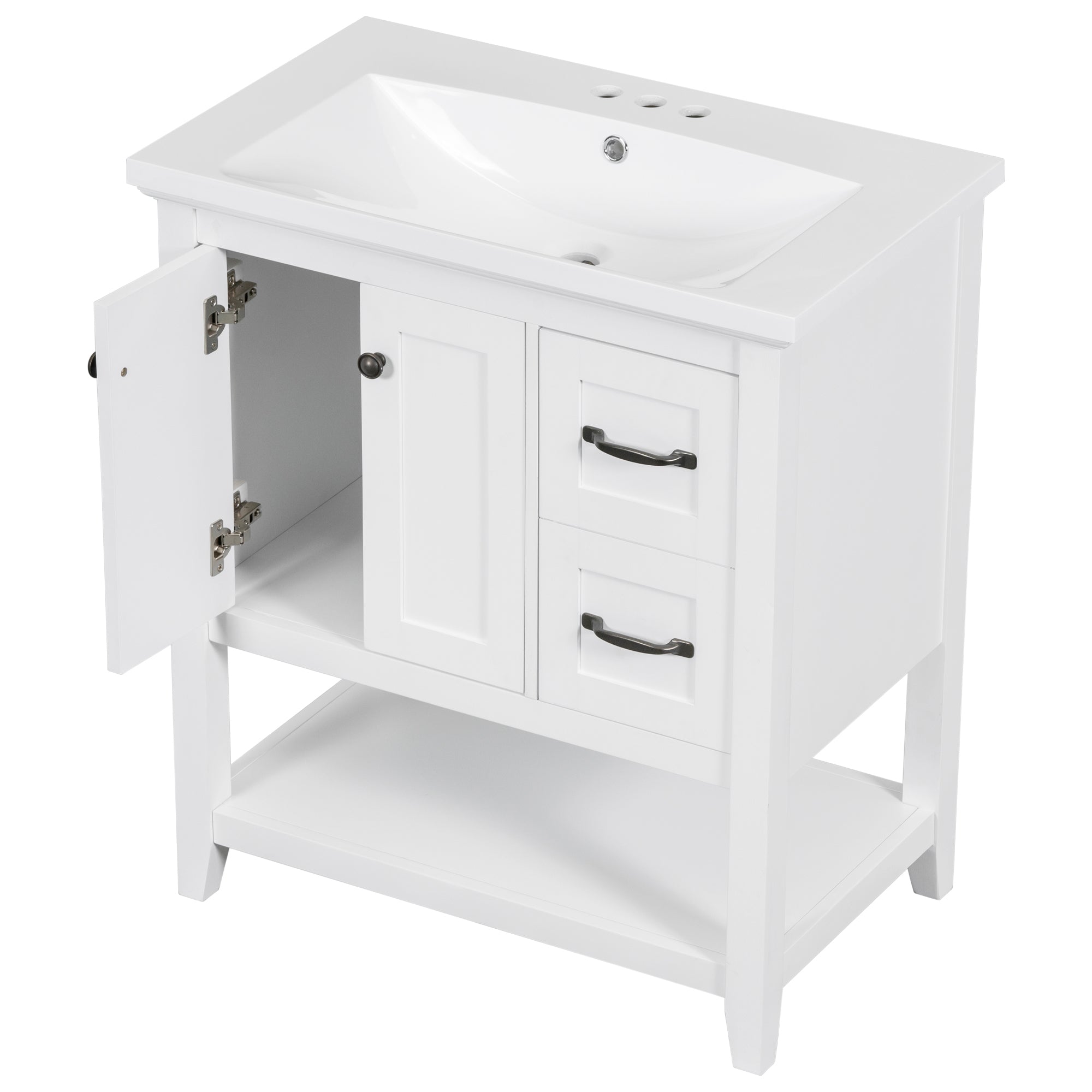 30" Bathroom Vanity with Ceramic Sink Top, Vanity Cabinet with Multi-Functional Drawer, Solid Wood Legs, White