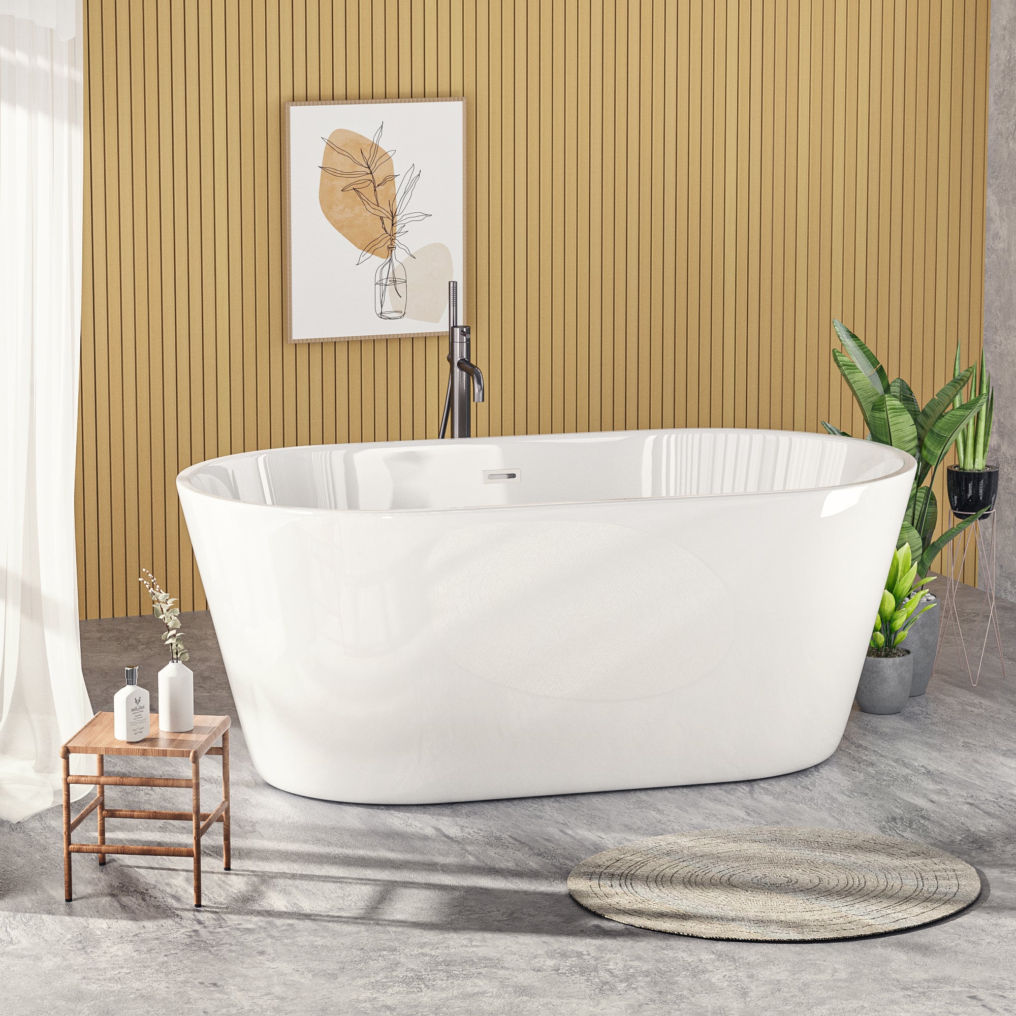 60'' Freestanding Gloss White Acrylic Soaking Bathtub with Toe-Tap Chrome Drain and Classic Slotted Overflow, 24A02-60