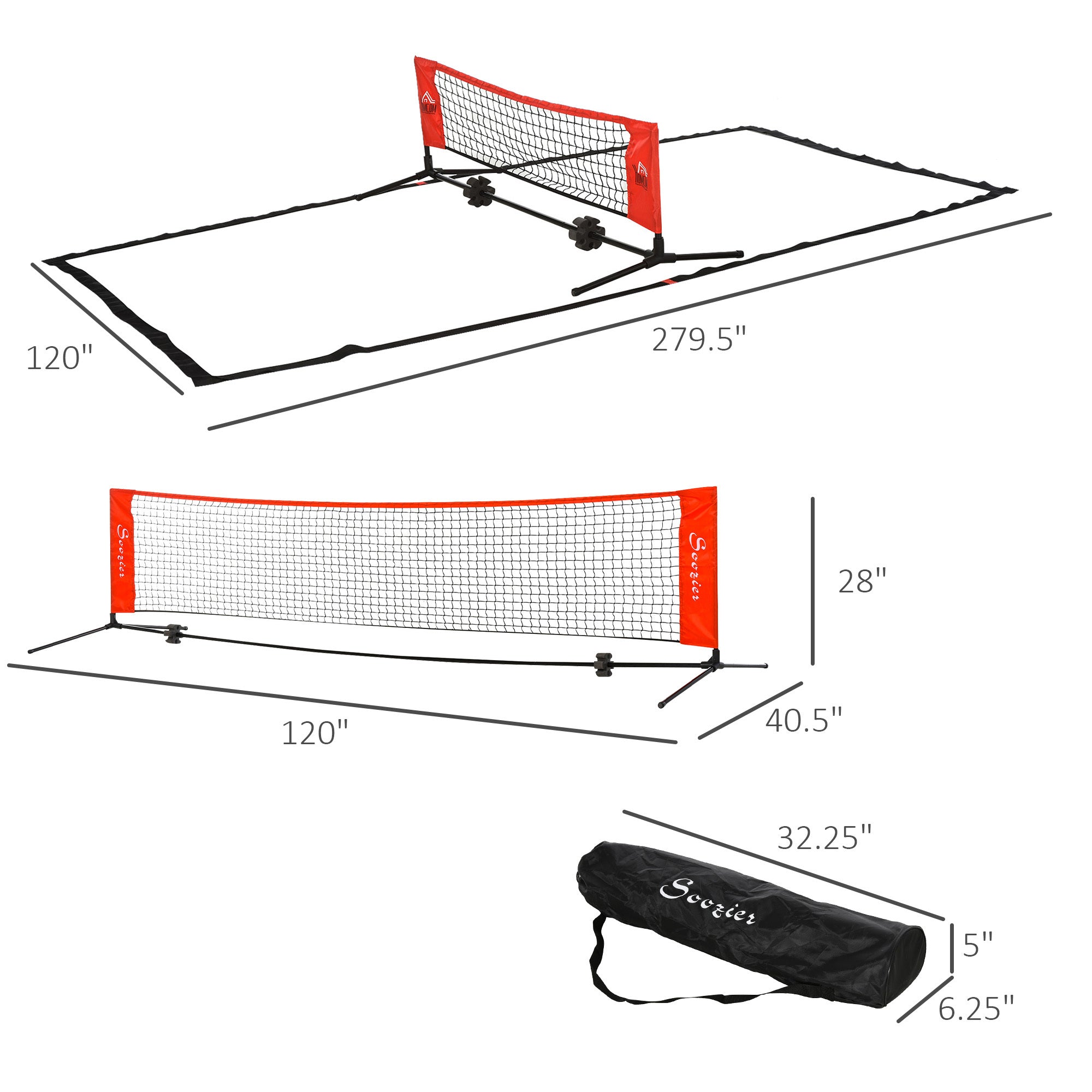 Soozier 10ft Portable Soccer Tennis/Pickleball/Badminton/Mini Tennis Net w/ Sideline for Training with Included Storage Bag, Red