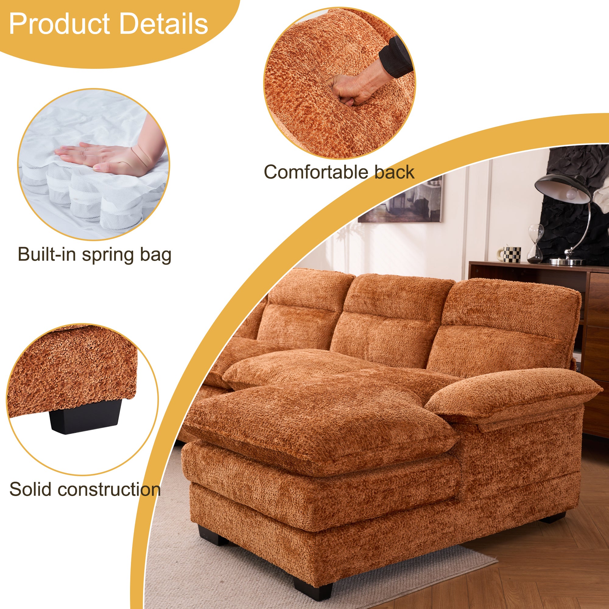 U-shaped profile sofa, including two single seats and two chaise, modular sofa, Chenille sofa,Orange