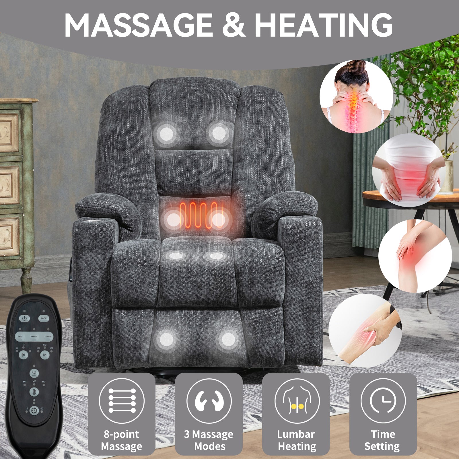 EMON'S Large Power Lift Recliner Chair with Massage and Heat for Elderly, Overstuffed Wide Recliners, Heavy Duty Motion Mechanism with USB and Type C Ports, 2 Steel Cup Holders, Gray