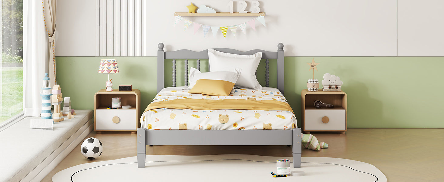 Twin Bed with Column-Decoration Headboard, with Bed Slats,Grey