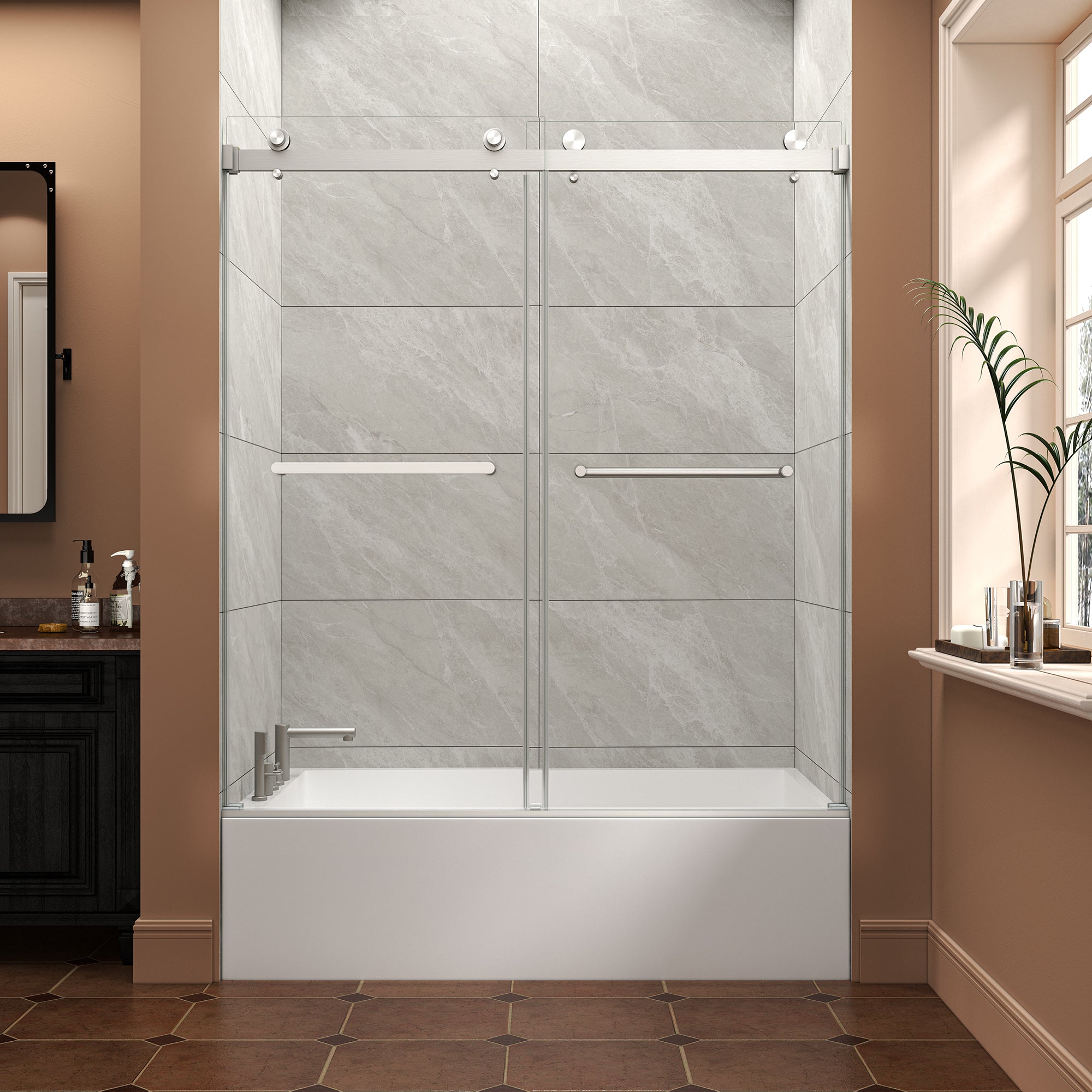 55-60 x 60 in Premium Bypass Sliding Tub Door - 55-60 x 60 in / Brushed Nickel / 5/16 in Glass view 1