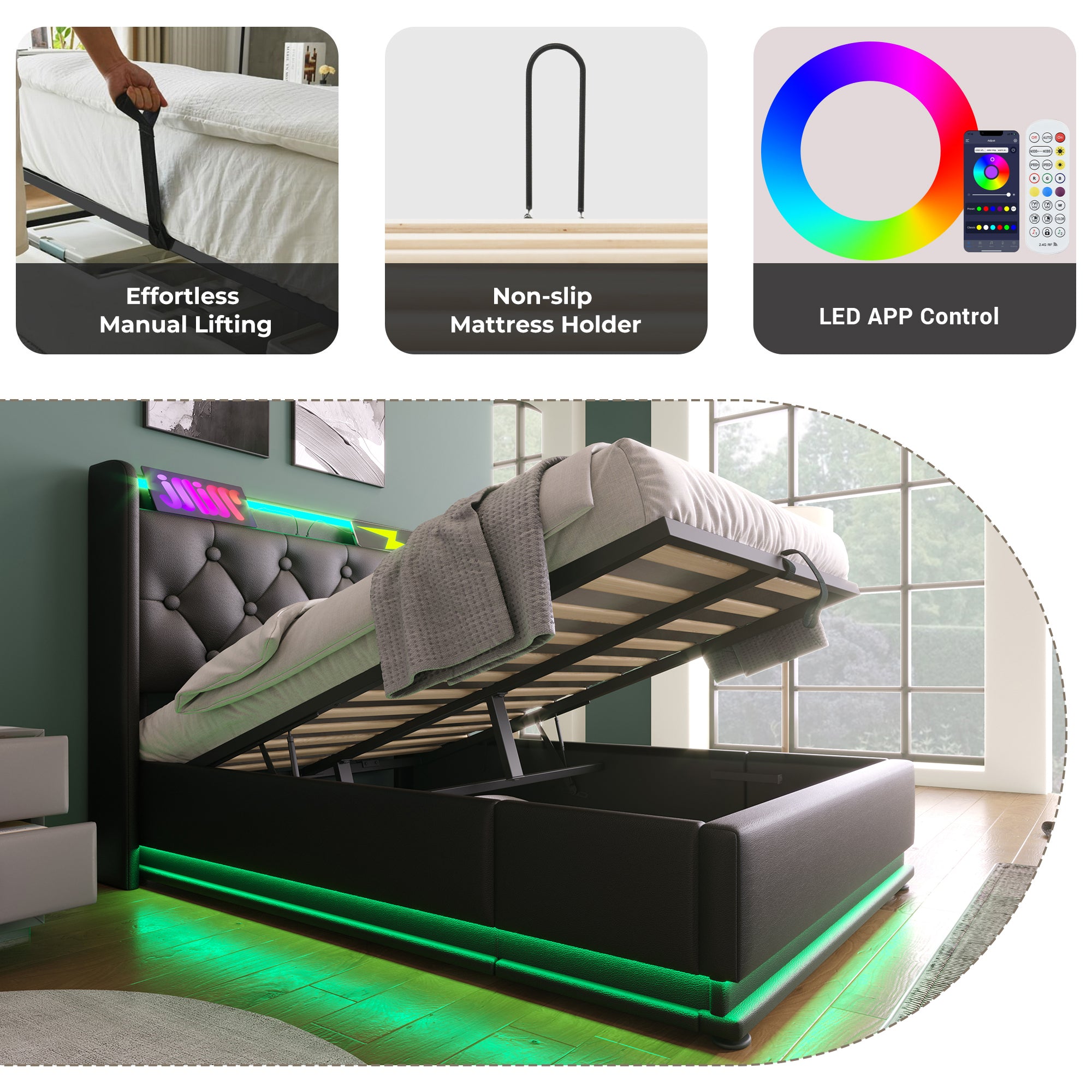 Twin size Upholstered bed, 360 surround LED function, Buttons/Apps/Remote Control, hydraulic storage bed with USB Type-C charging, Black, PU (Without mattress)