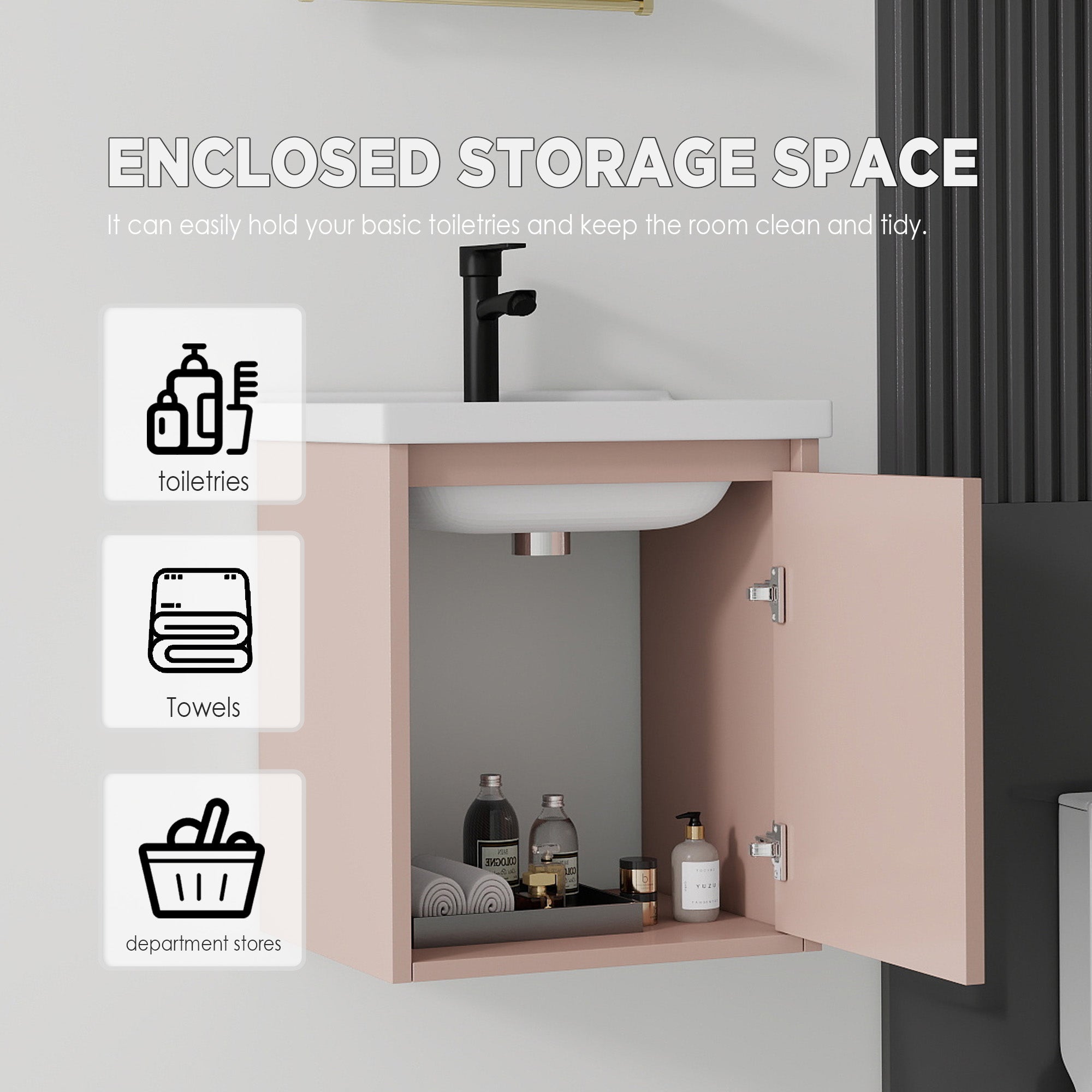 Pink wall-mounted vanity soft-close cabinet doors open, interior view