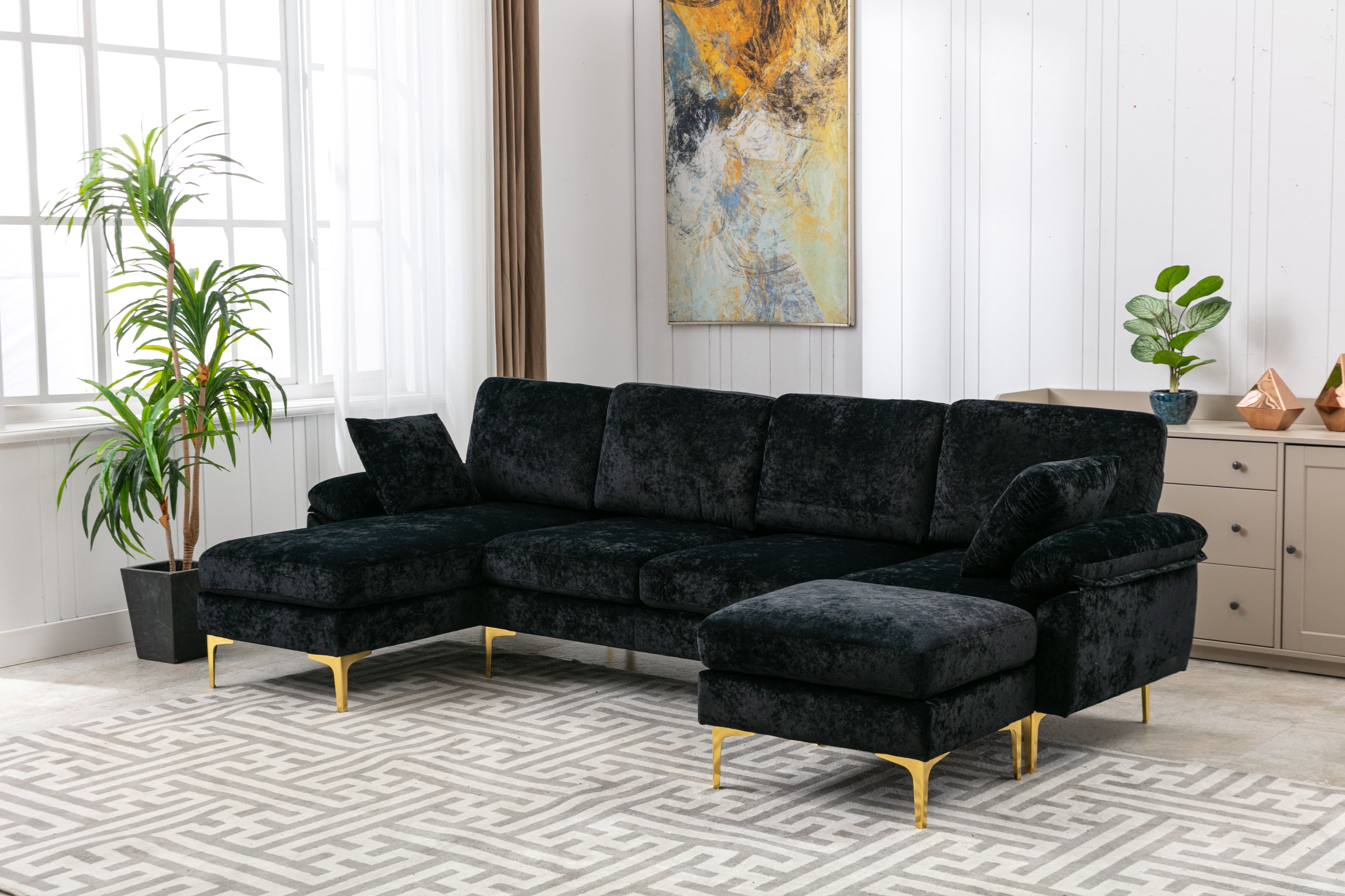 COOLMORE U-shape sectional sofa  with Ottoman , Reversible Sofa Couch for Living Room,Spacious Furniture,Durable Couch Removable and machine washable cover (Black Velvet)