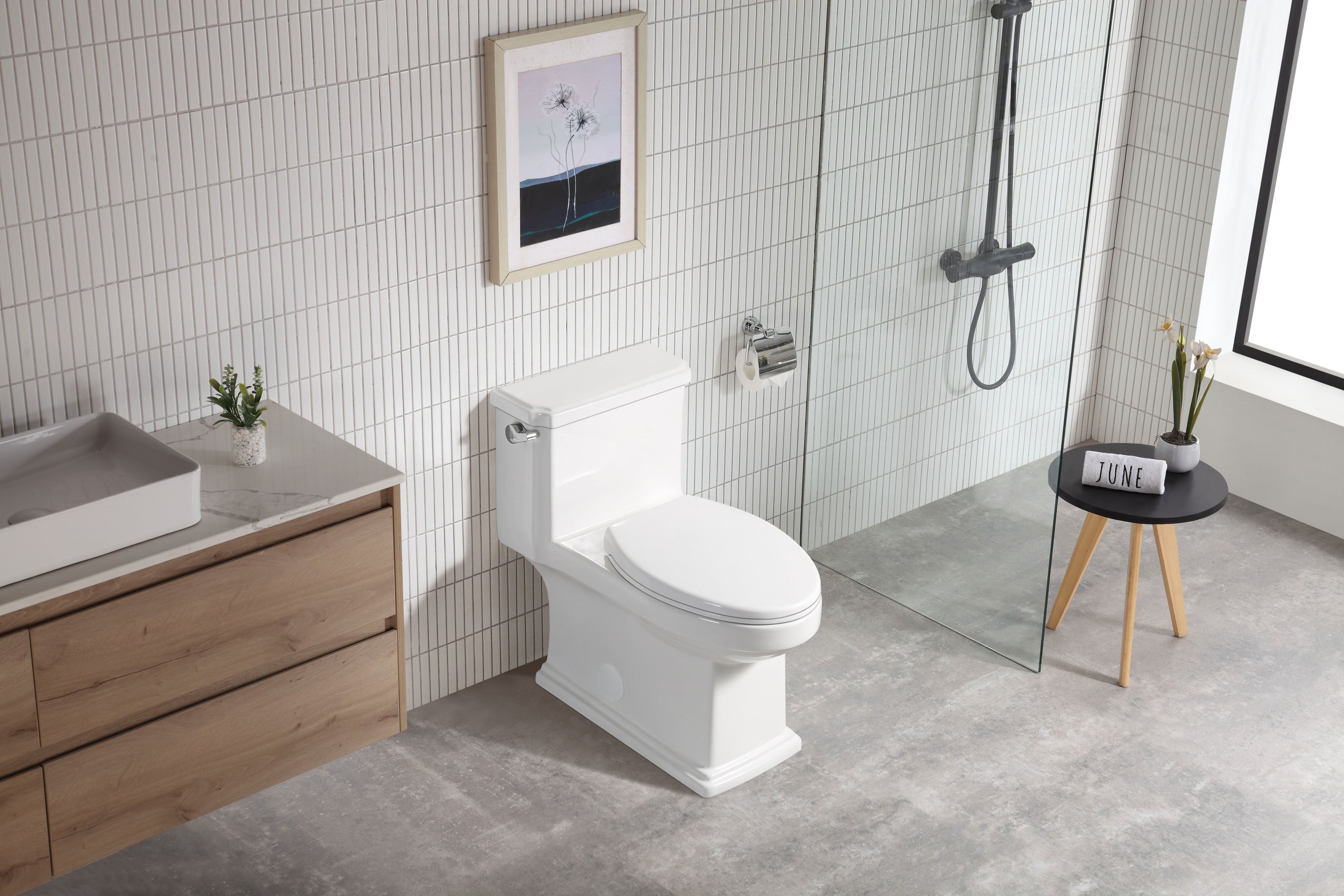 12 in. Rough In 1-Piece 1.28 GPF Single Flush Elongated Chair Toilet in Glossy White with Soft Close Seat