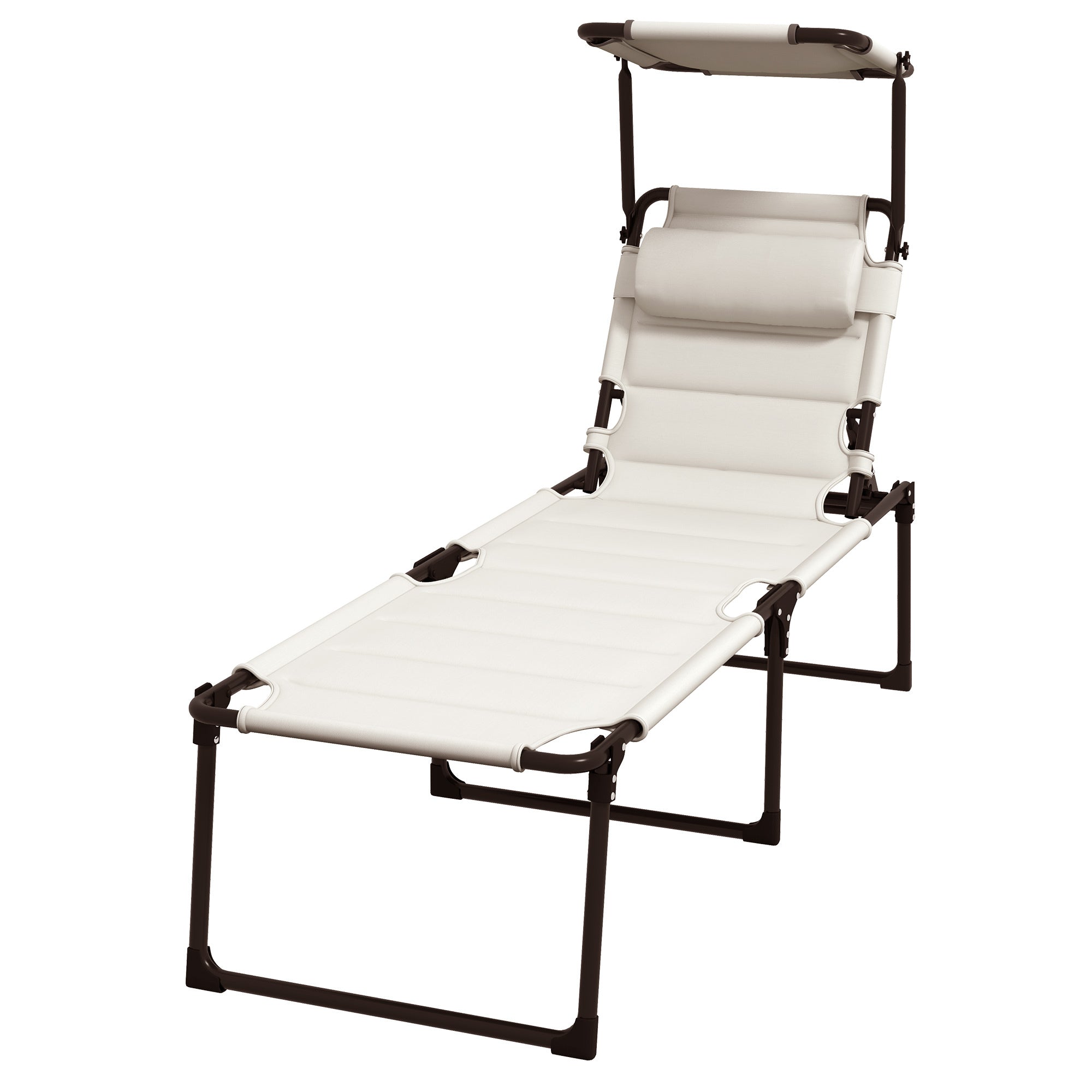 Outsunny Outdoor Lounge Chair, Adjustable Backrest Folding Chaise Lounge, Cushioned Tanning Chair w/Sunshade Roof & Pillow Headrest for Beach, Camping, Hiking, Cream White