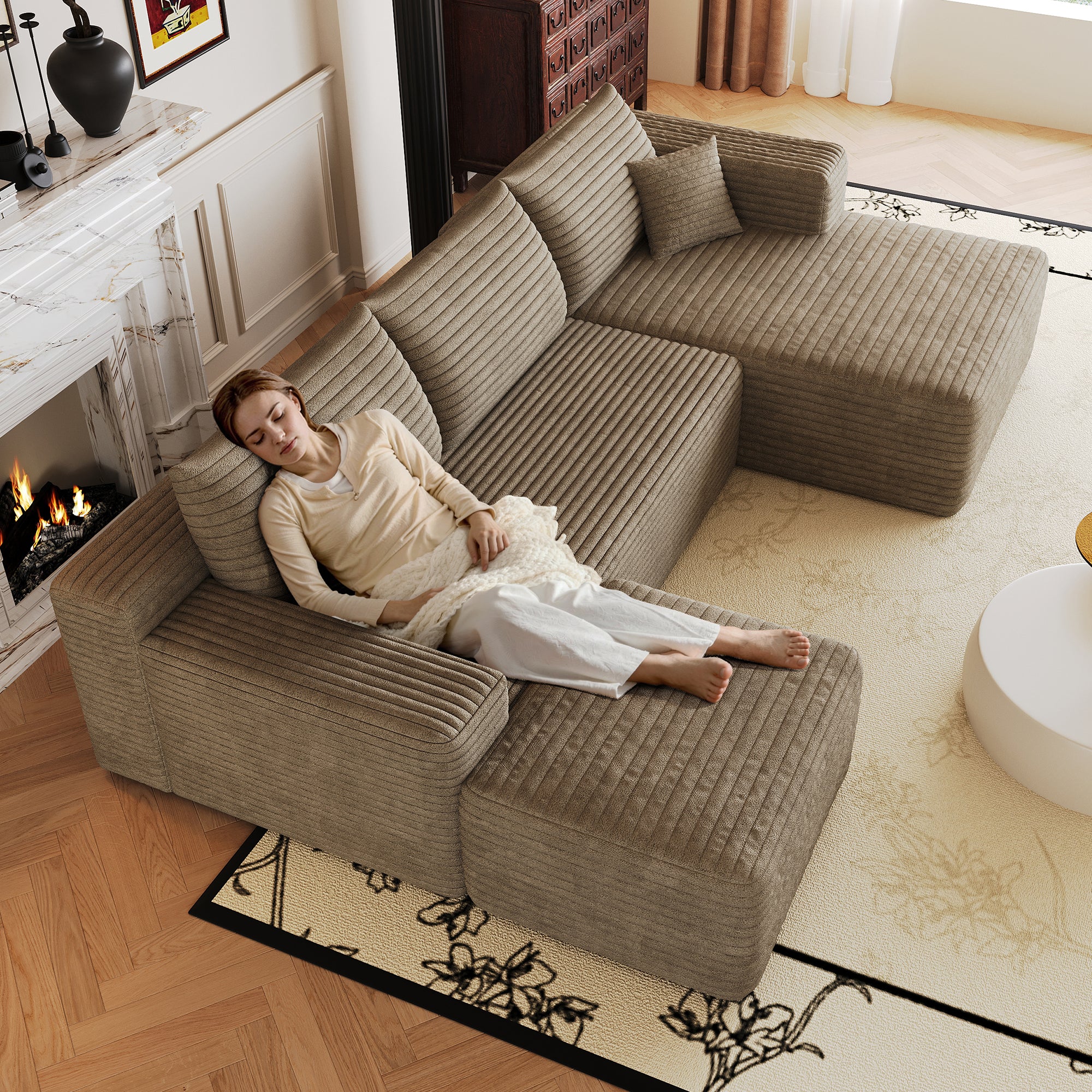 Camel corduroy L-shaped sectional sofa side profile view