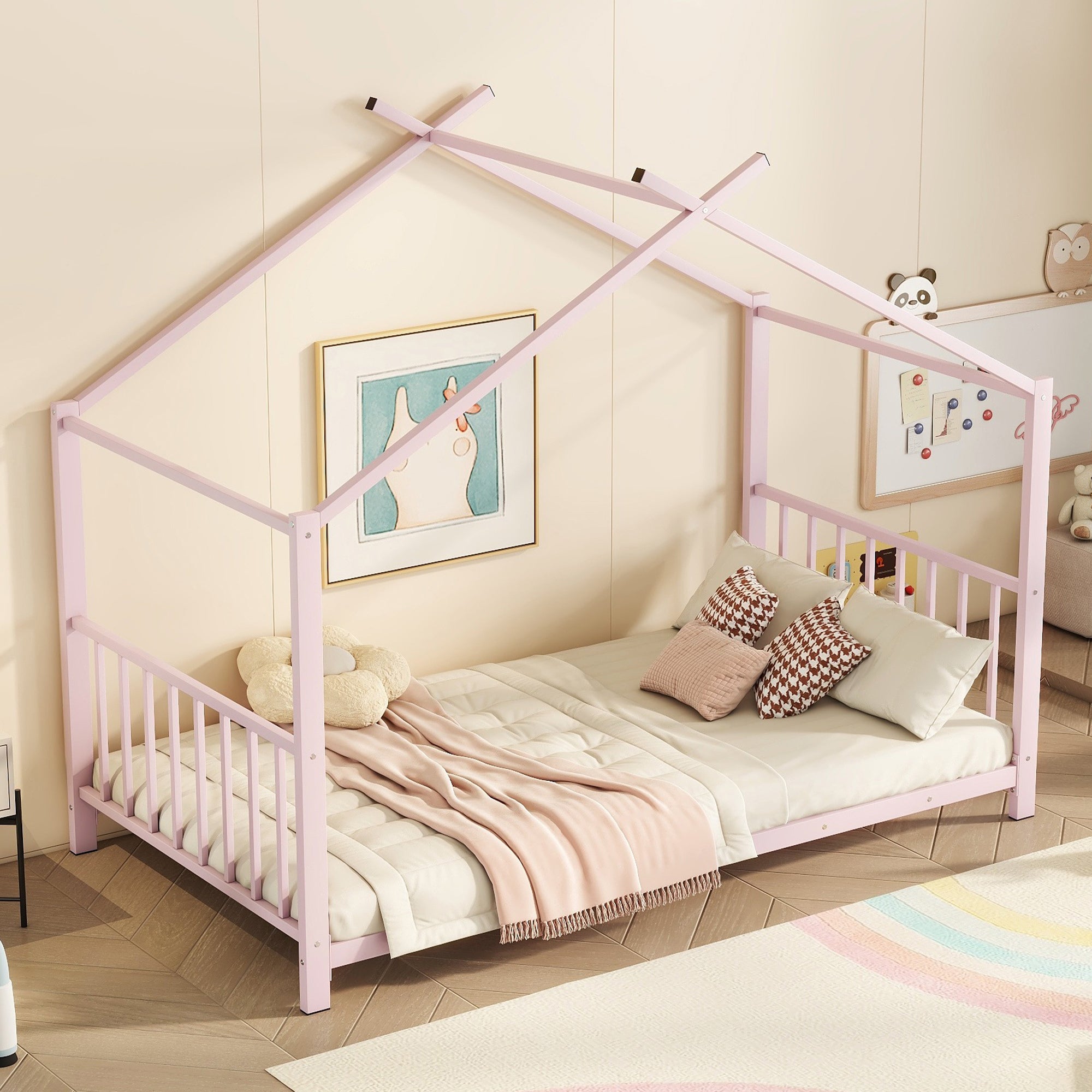 Twin Size Metal House Platform Bed, Pink