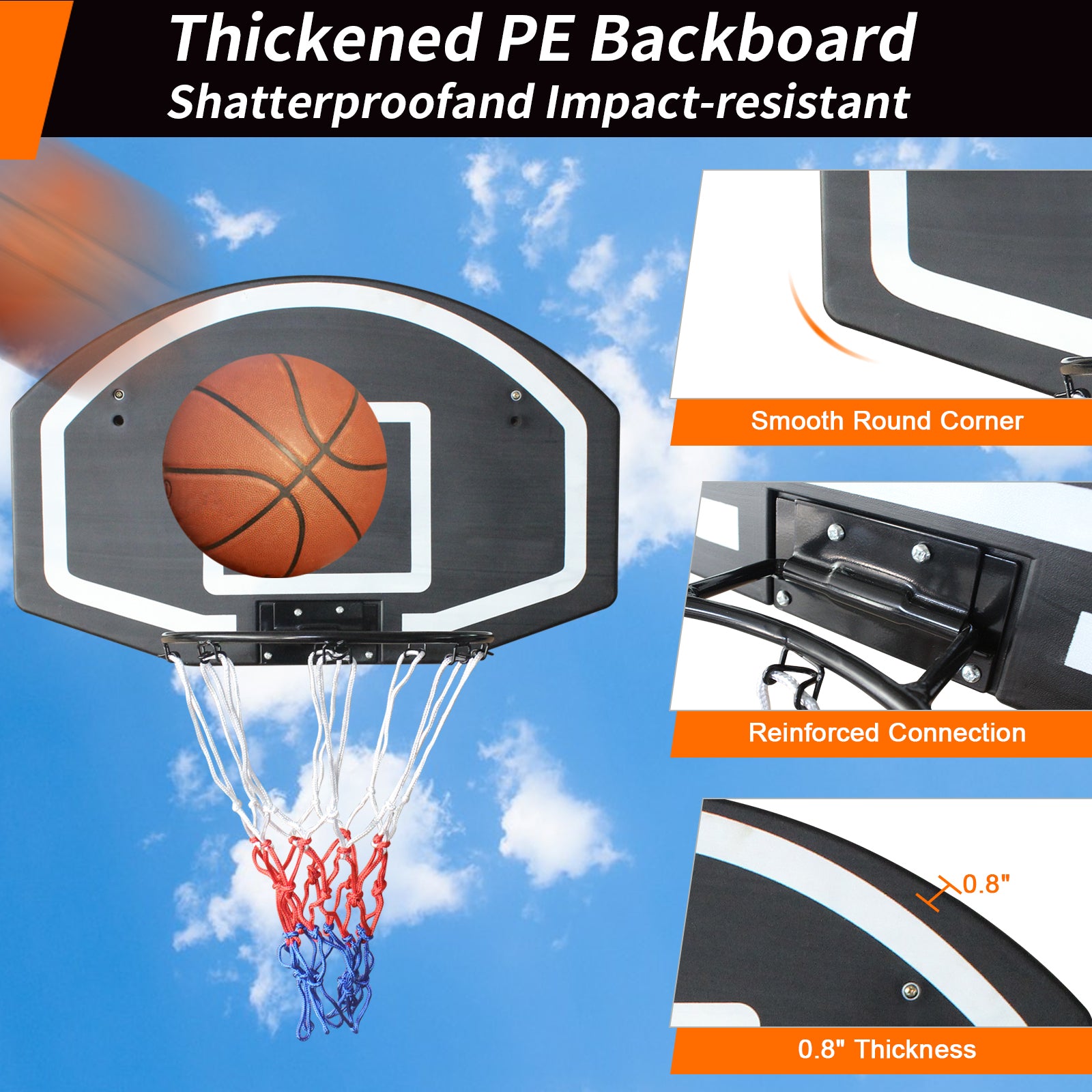 Wall-mounted basketball hoop, 28.5 x 18 inches shatterproof back, folding hoop, durable hoop and all-weather mesh for indoor and outdoor use