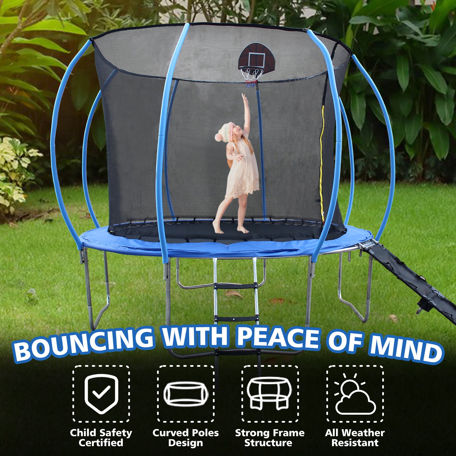 8FT Trampoline with Enclosure - Recreational Trampolines with Ladder and Anti Rust Coating, Pumpkin-shaped Trampoline with Slide and Basket Board, ASTM Approval Outdoor Trampoline for Kids