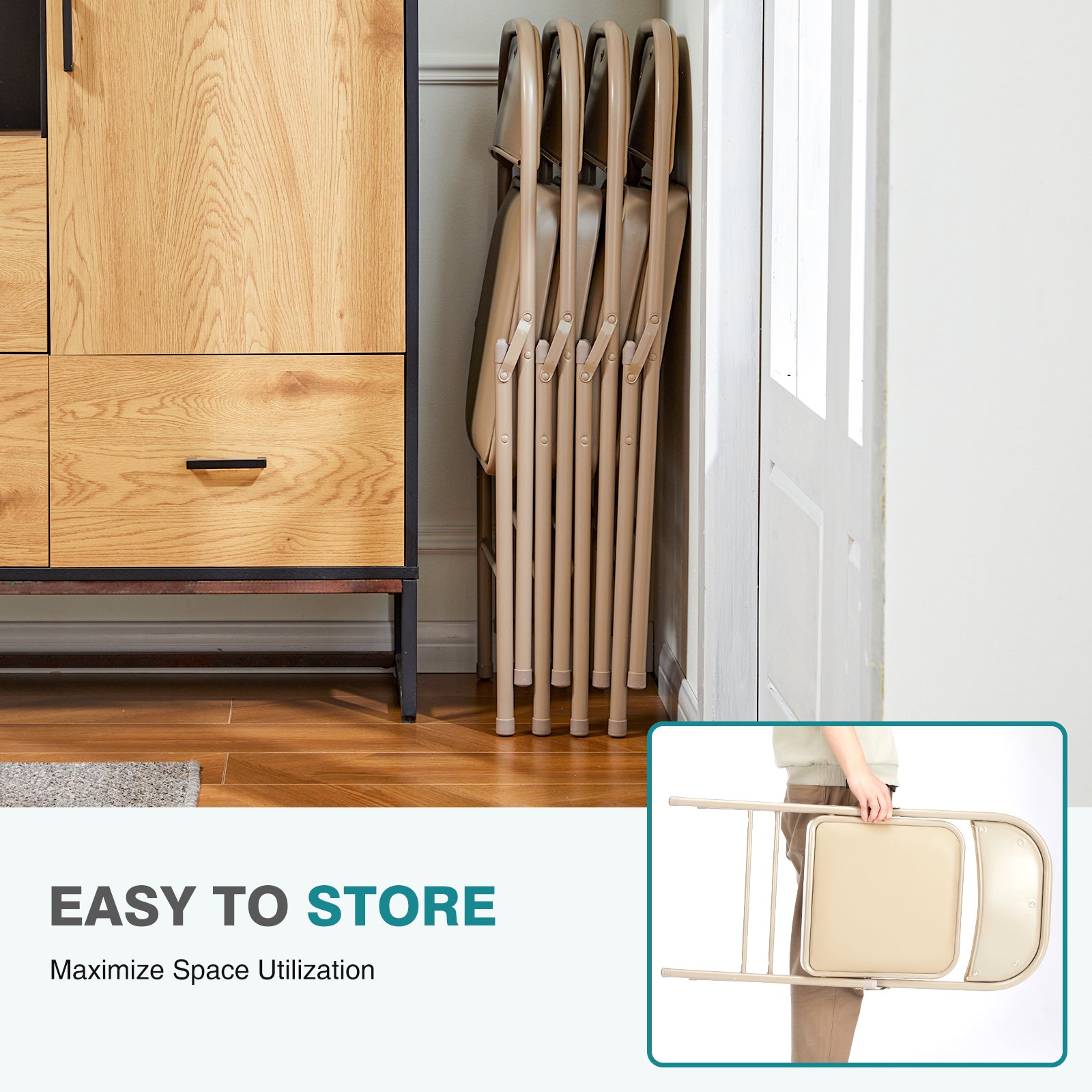 Folding Chair 2 Pack, Leather Padded Folding Chairs, Sturdy Metal Foldable Chairs, for Home, Office, Party, khaki 2 Pack