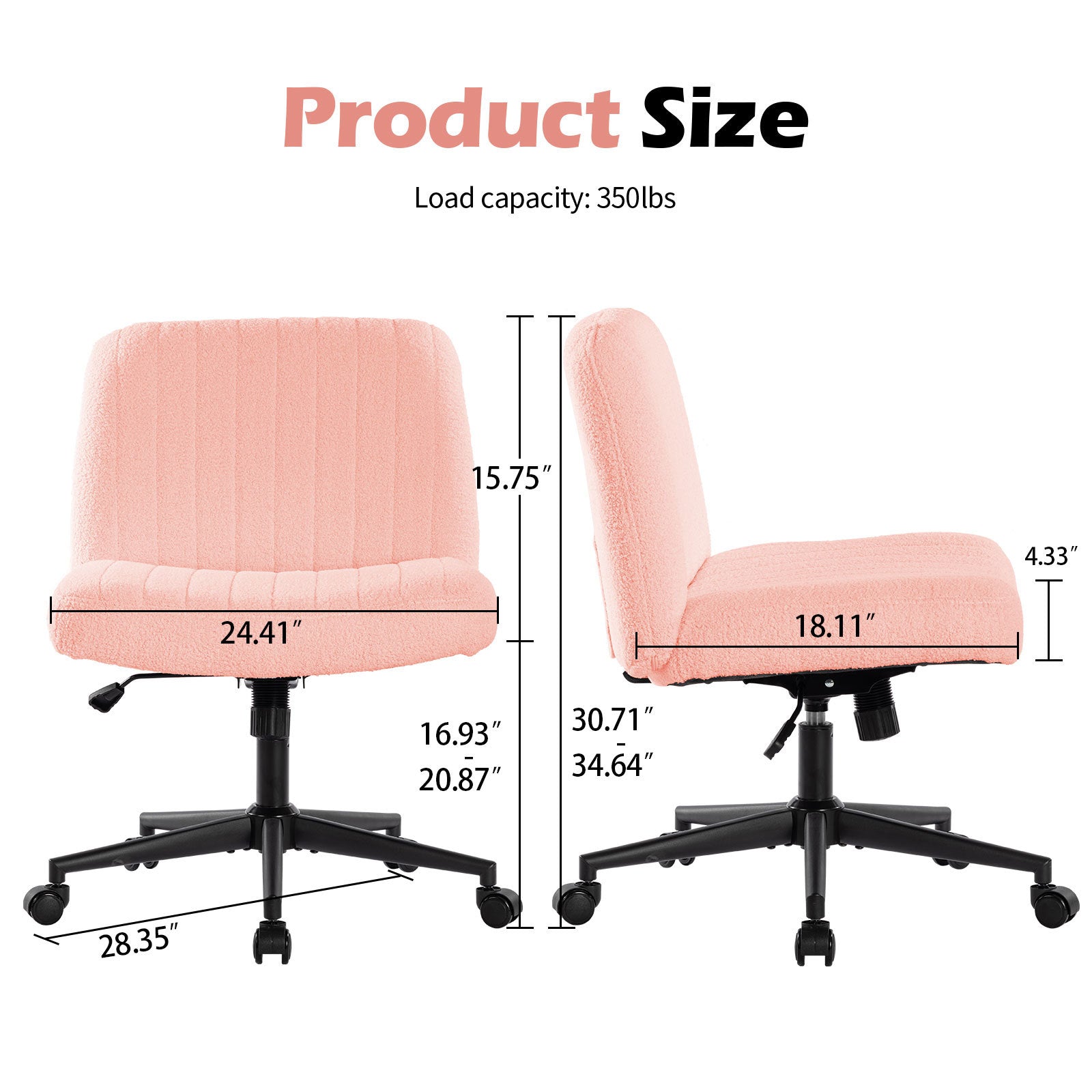 Office chair with wheels, armless office chair, Teddy velvet wide seat home office chair, cute computer chair with 15 ° swing backrest, suitable for bedrooms and dressing tables