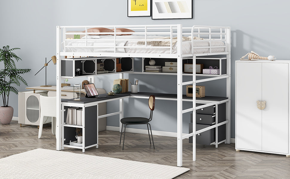 Metal Loft Bed with bookcase, desk and cabinet, Full, White