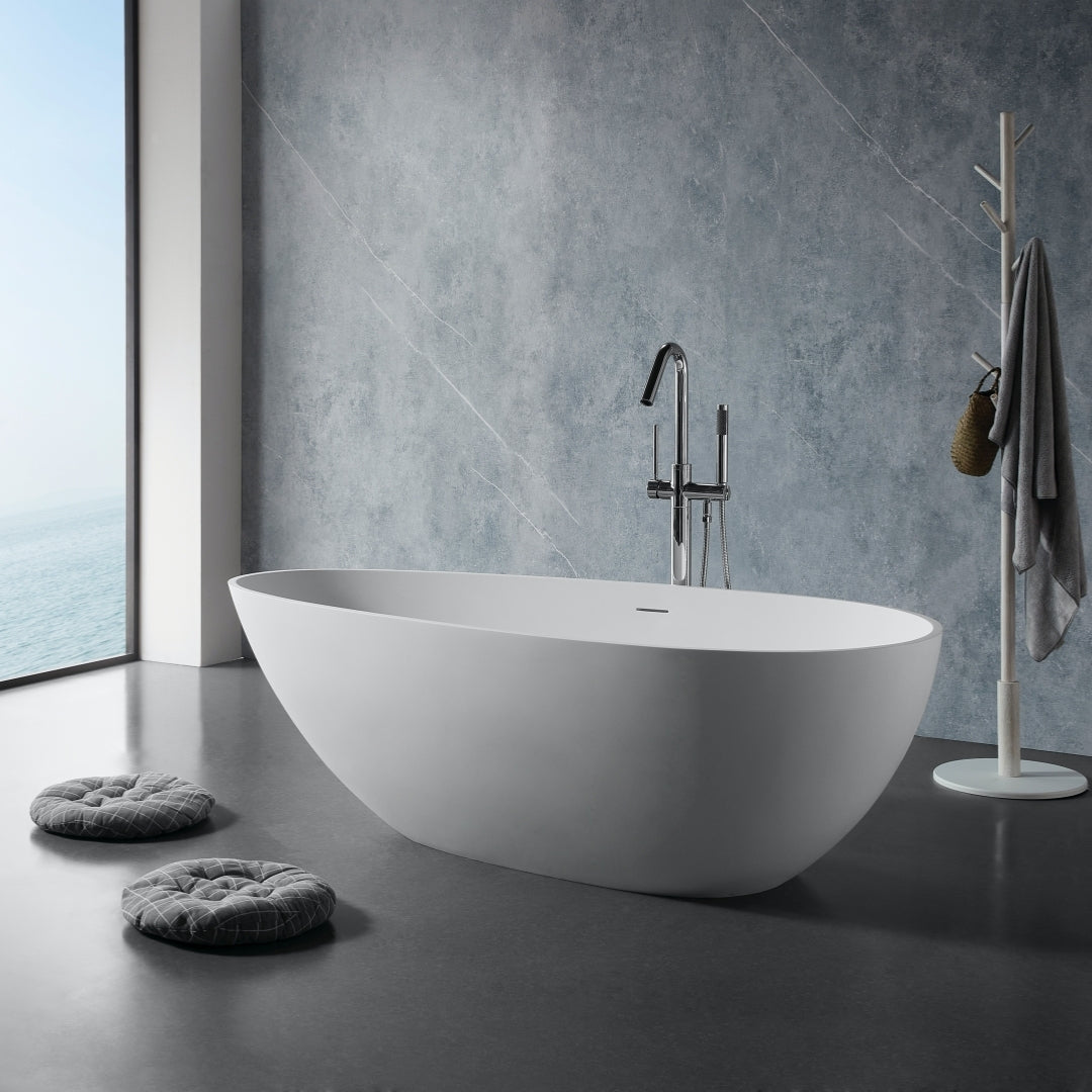 67" Freestanding Solid Surface Bathtub, Luxury Engineered Stone Resin Freestanding Soaking Bathtub with Overflow and Pop-up Drain for Contemporary Bathroom, Matte White 24S02-67MW