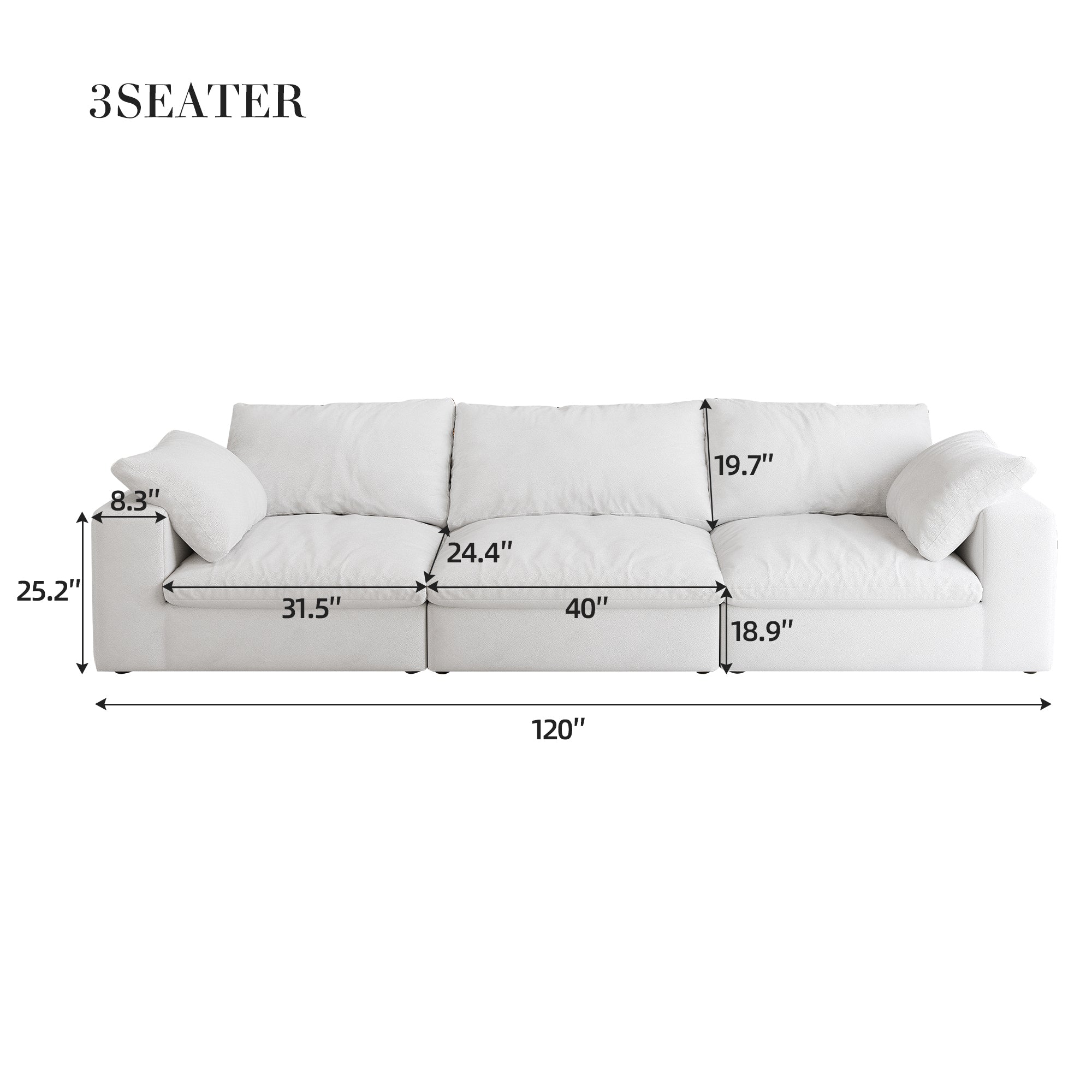 Oversized Cloud Modular Sectional Sofa,120" Down Filled Comfort 3Seater Sofa Couch for Living Room,Minimalist Wide Deep Seat Couches for Office Apartment  3Seaters